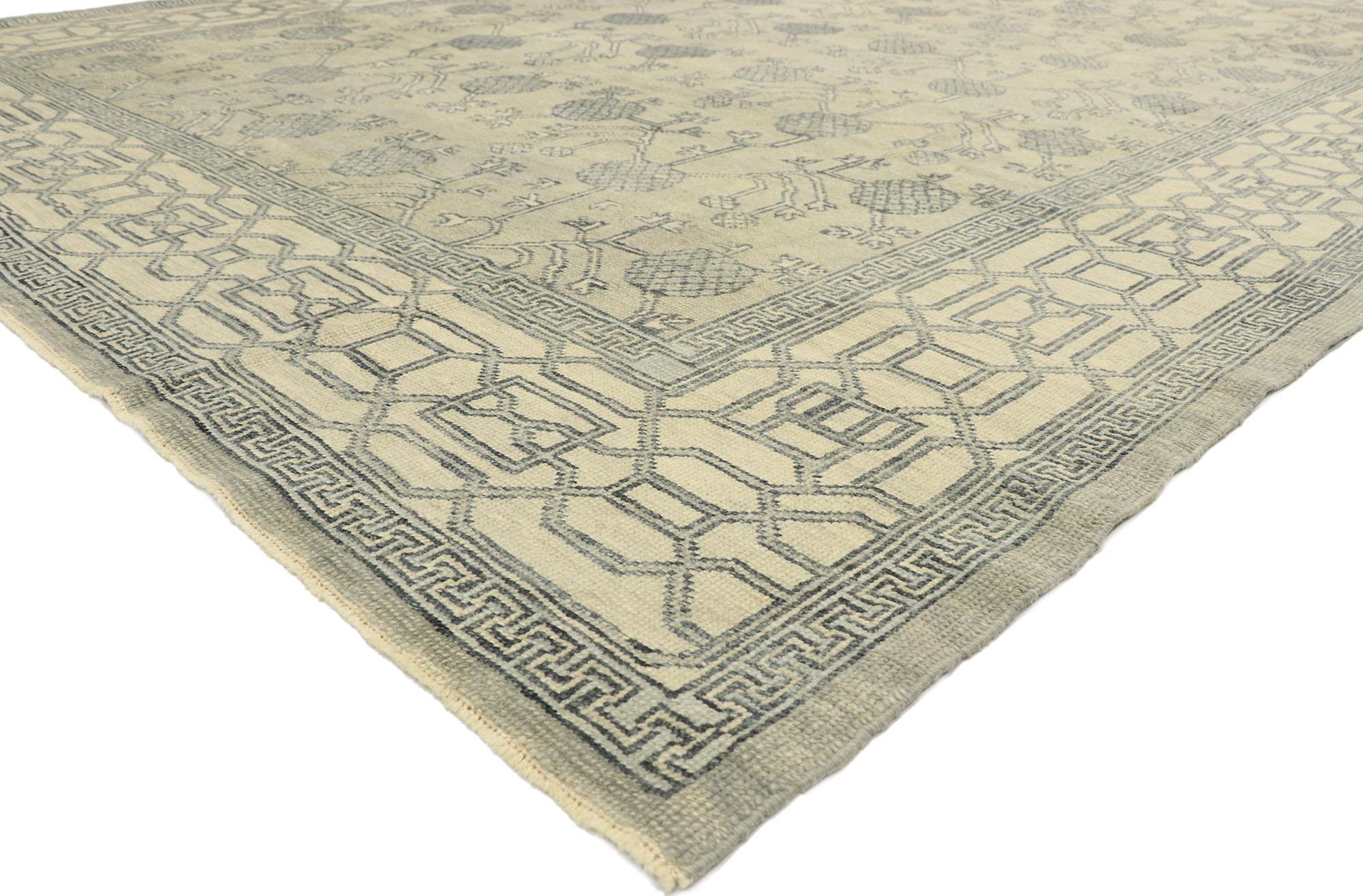 52898 New Contemporary Turkish Khotan Rug with Modern Transitional Style 09'01 x 12'09. Blending elements from the modern world with light and airy colors, this hand knotted wool contemporary Turkish Khotan rug will boost the coziness factor in
