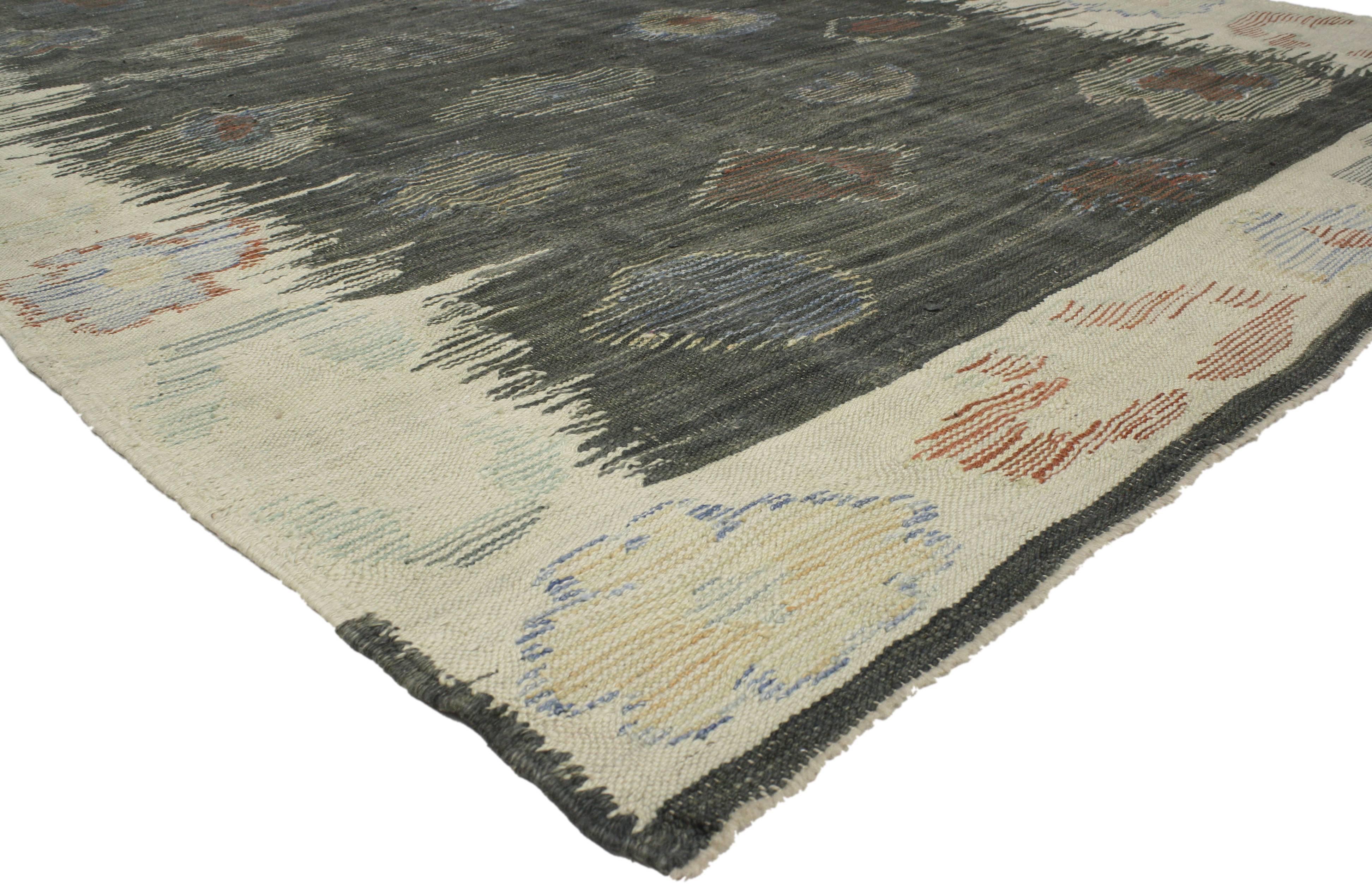 52206 Modern Turkish Kilim Area Rug, 08'04 x 11'10.  In this handwoven wool Turkish Kilim area rug, the effortless beauty and simplicity of Contemporary Santa Fe style seamlessly intertwine with the free-spirited essence of Southwest Bohemian