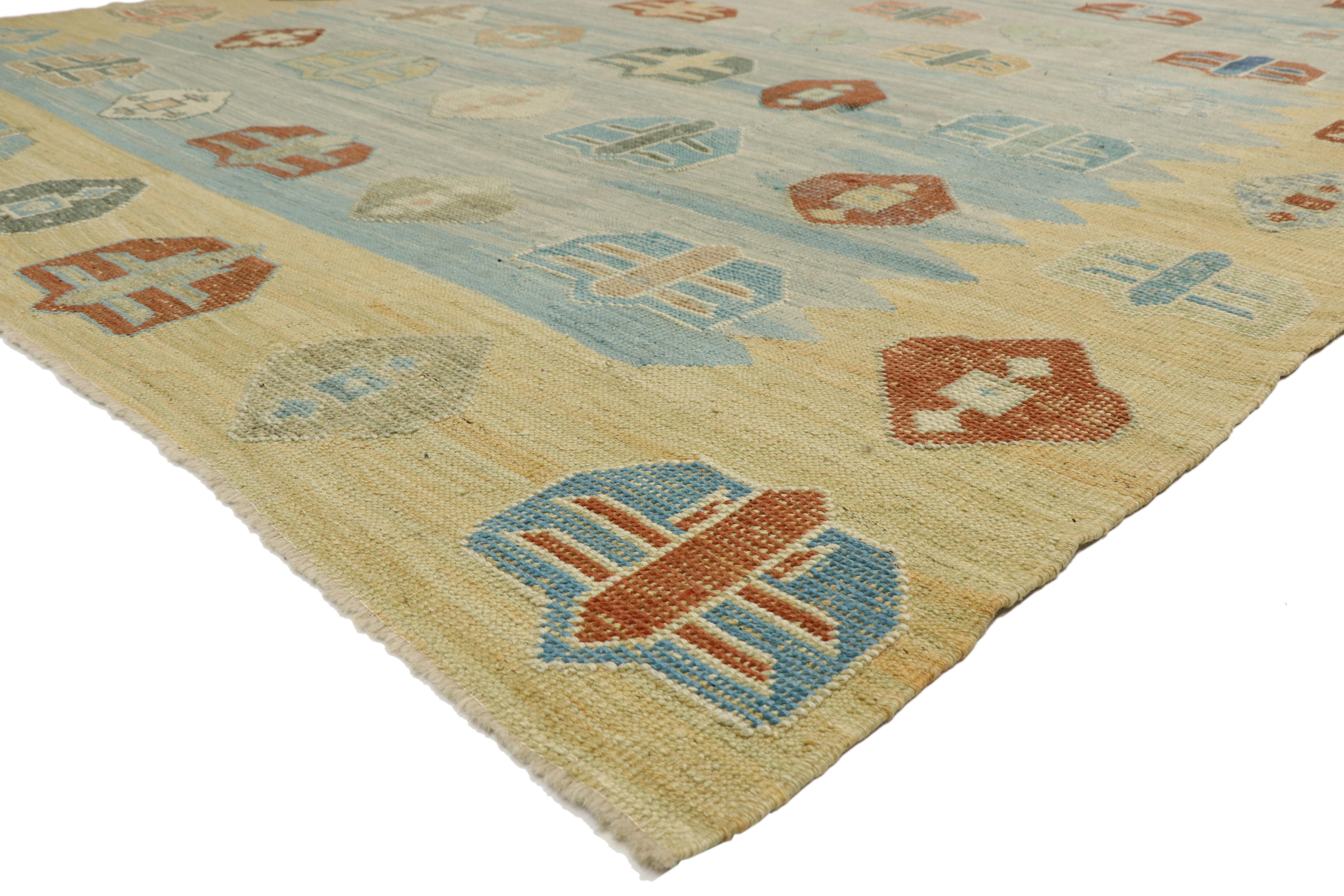 52209, new contemporary Turkish Kilim Souf rug with Tribal style, flat-weave area rug. The tribal style and rich waves of abrash in this hand-woven wool new contemporary Turkish kilim rug are a change of pace from the vibrant colors usually related