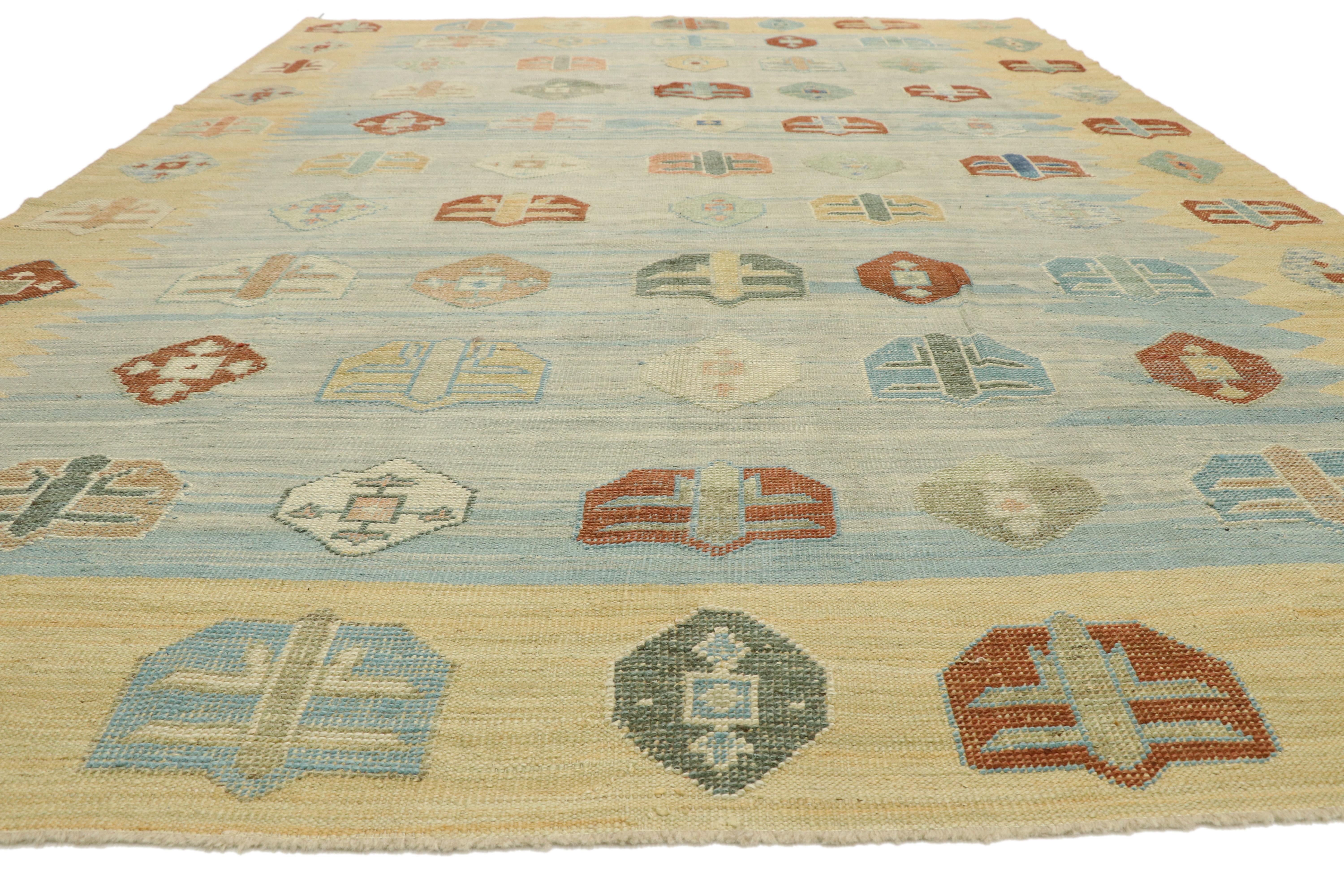 Hand-Woven New Contemporary Turkish Kilim Souf Rug with Tribal Style, Flat-Weave Area Rug For Sale