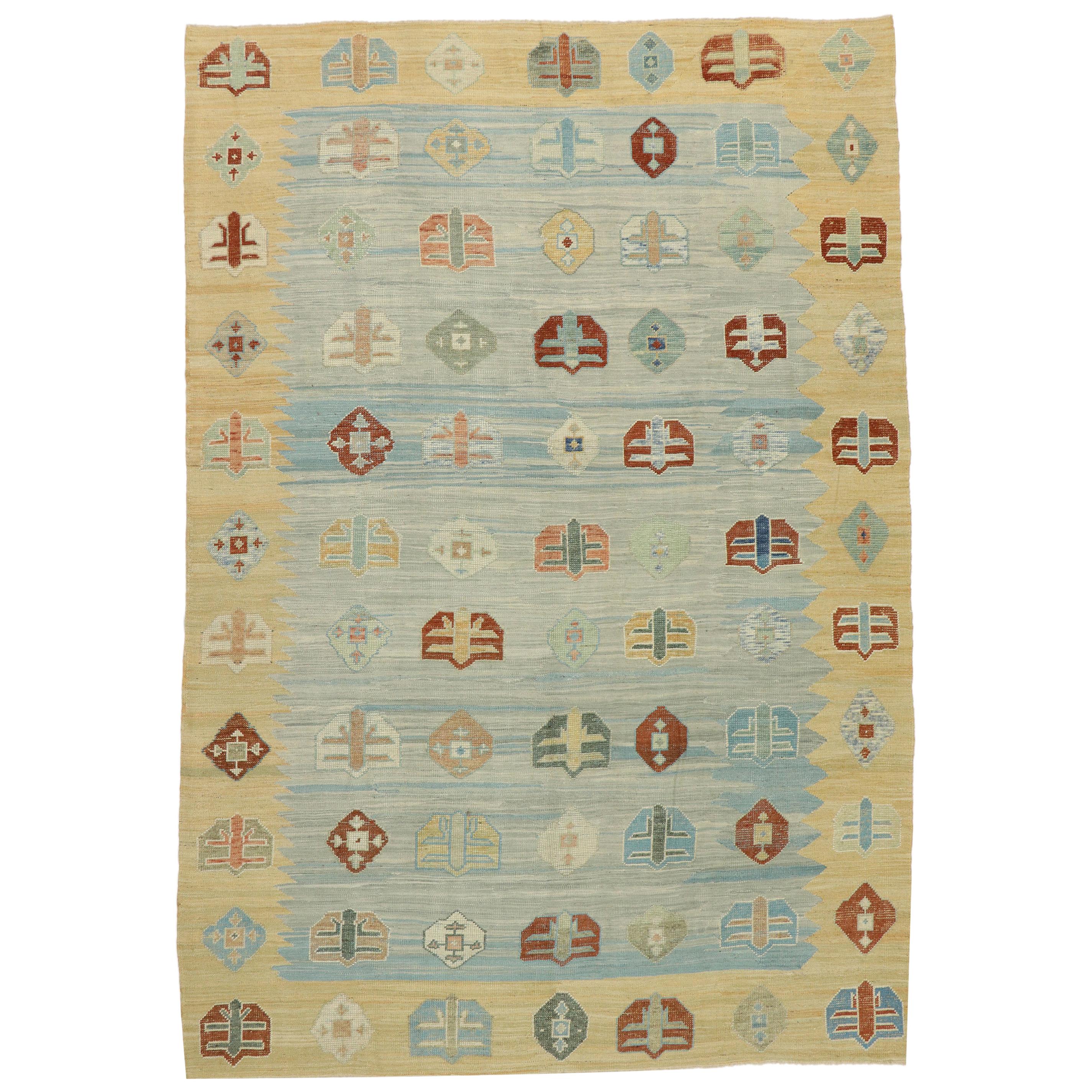 New Contemporary Turkish Kilim Souf Rug with Tribal Style, Flat-Weave Area Rug