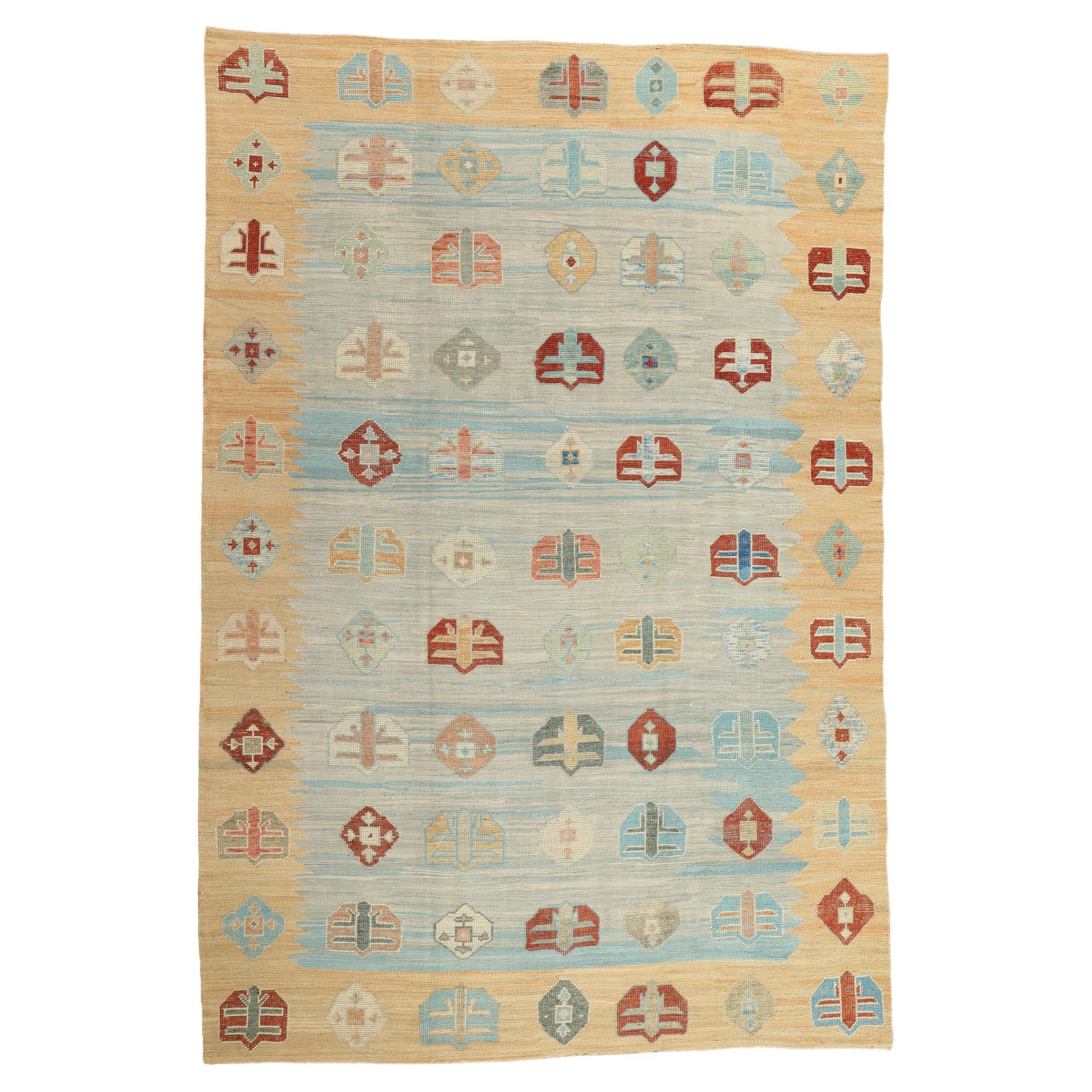 Tappeto a tessitura piatta turco contemporaneo in lana intrecciata a mano, 10'00 x 14'10