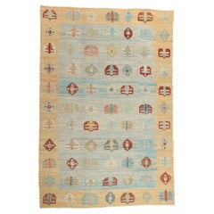 Tapis turc contemporain bleu tissé à la main en laine, 10'00 x 14'10