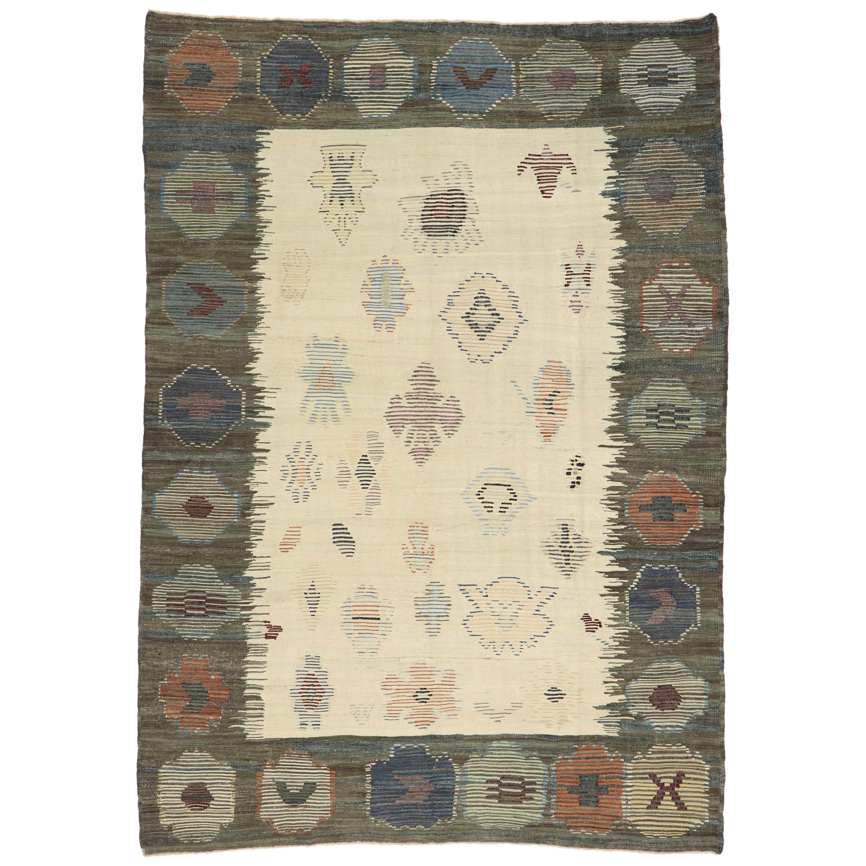 New Contemporary Turkish Kilim Souf Rug with Tribal Style, Flat-Weave Souf Rug