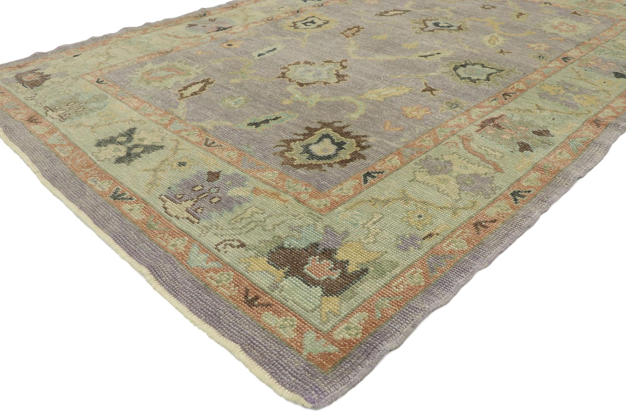 53202, new contemporary Lavender Turkish Oushak rug with modern transitional style. Blending elements from the modern world with pastel colors, this hand knotted wool contemporary Turkish Oushak rug will boost the coziness factor in nearly any