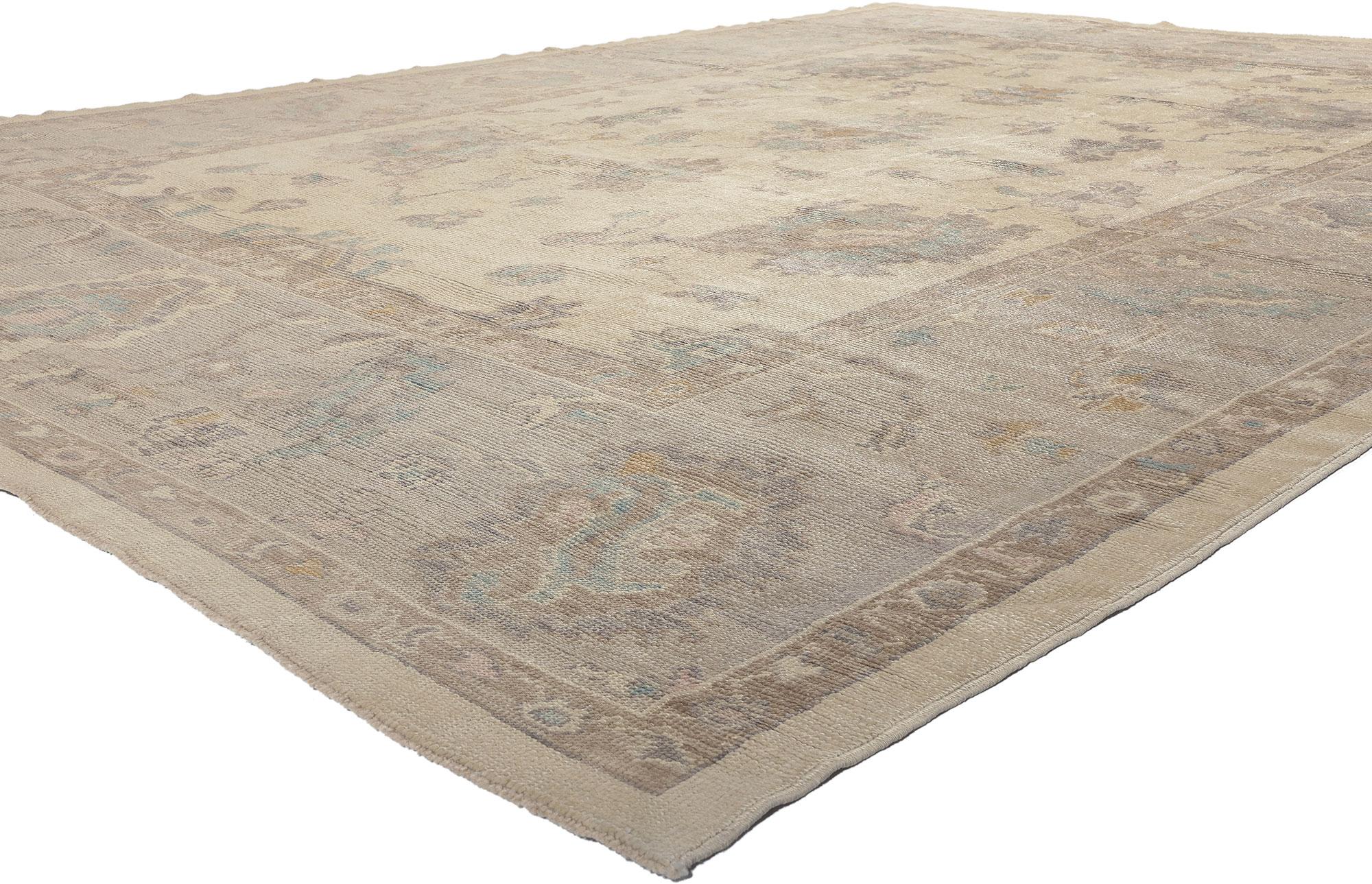 52380 Modern Pastel Oushak Turkish Rug, 09'06 x 12'11. Indulge in the simplicity of Shibui and elements of Biophilic Design in this hand-knotted wool modern Turkish Oushak rug. The subdued ornamentation and pastel earth-tone color palette woven into