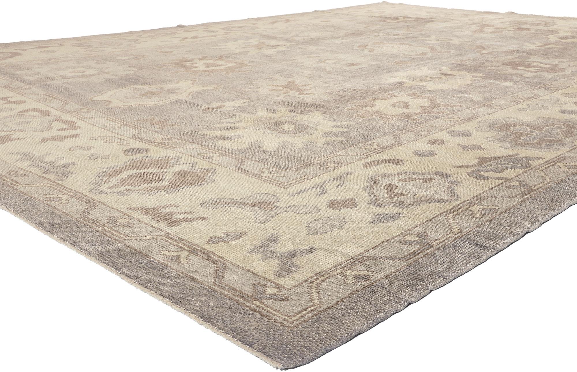 52373 Modern Gray Oushak Turkish Rug, 09'10 x 13'03. Embrace the essence of Shibui and Biophilic Design in this hand knotted wool modern Turkish Oushak rug, where subdued ornamentation weaves a captivating vision of beauty. The layers of tantalizing