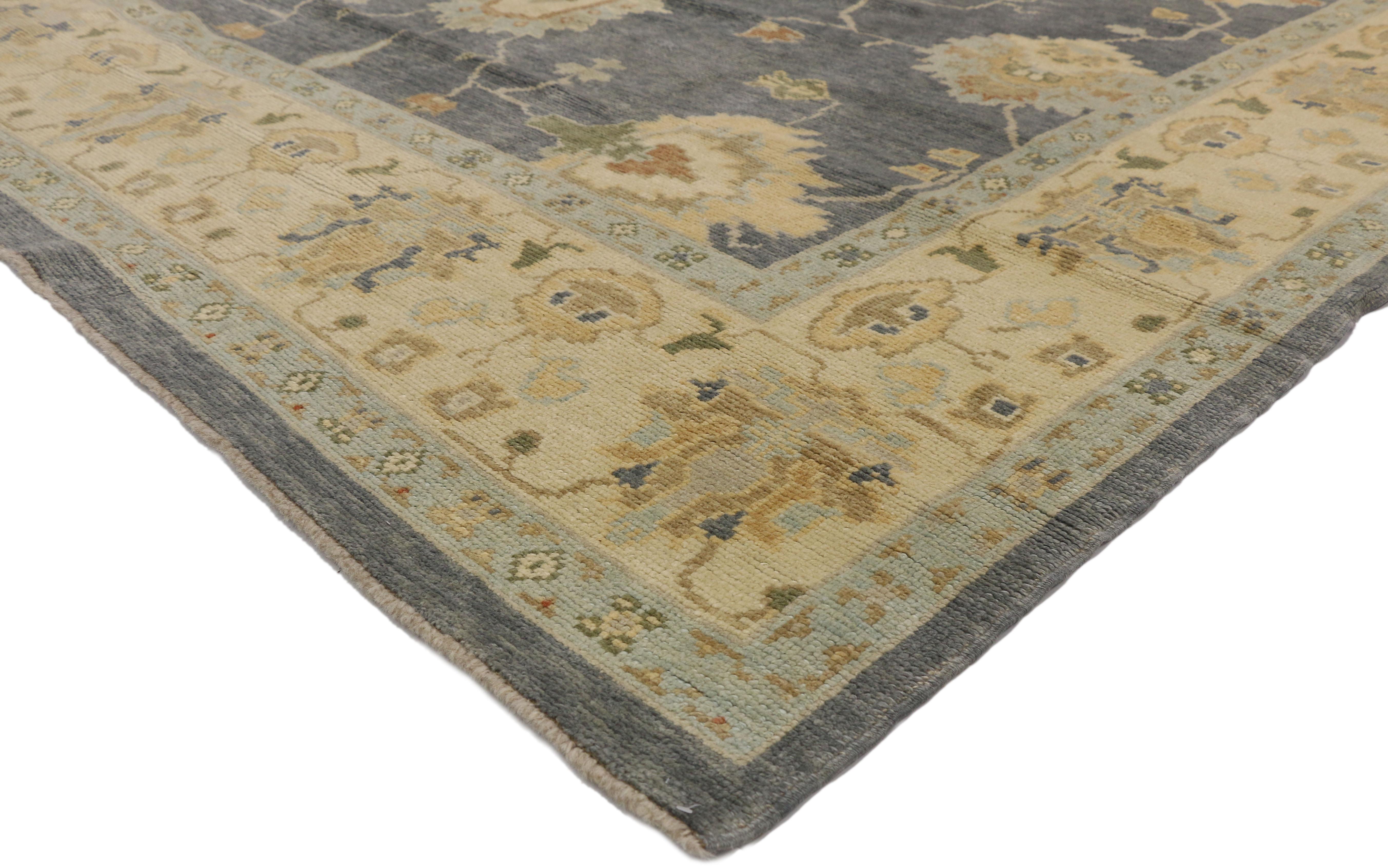 50730, new contemporary Turkish Oushak Area rug with Transitional style. This hand knotted wool contemporary Turkish Oushak area rug features an all-over geometric pattern composed of Harshang-style motifs, blooming palmettes, leafy tendrils,