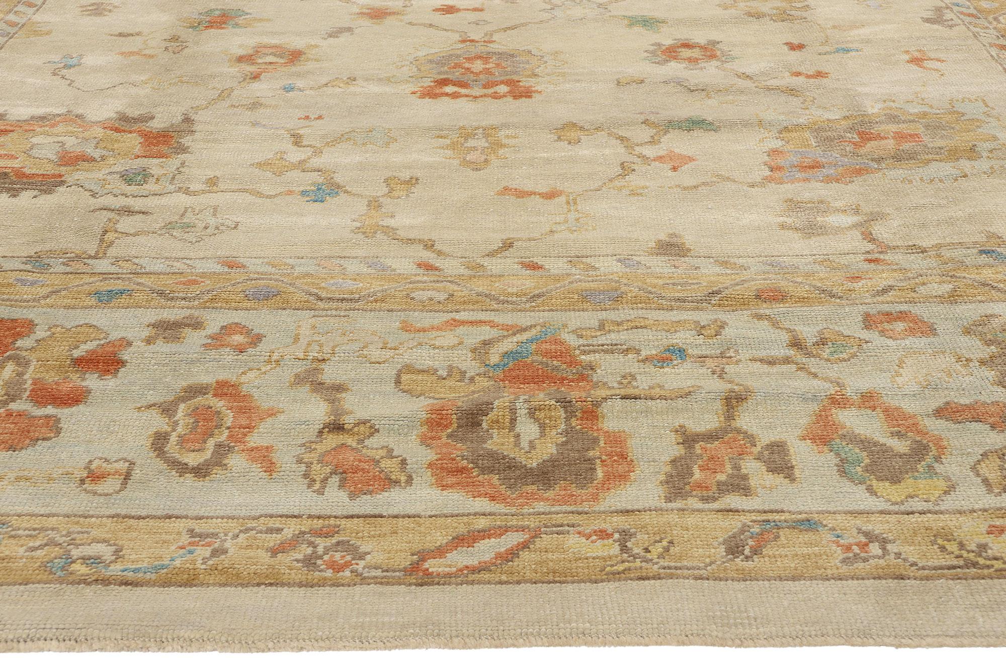 52734 New Modern Turkish Oushak Rug, 11'10 x 15'06. Steeped in the grand tradition of Turkish weaving, this hand-knotted wool Oushak rug unfolds like a poetic tableau, whispering stories of bygone artisans and timeless elegance. A luminous canvas of
