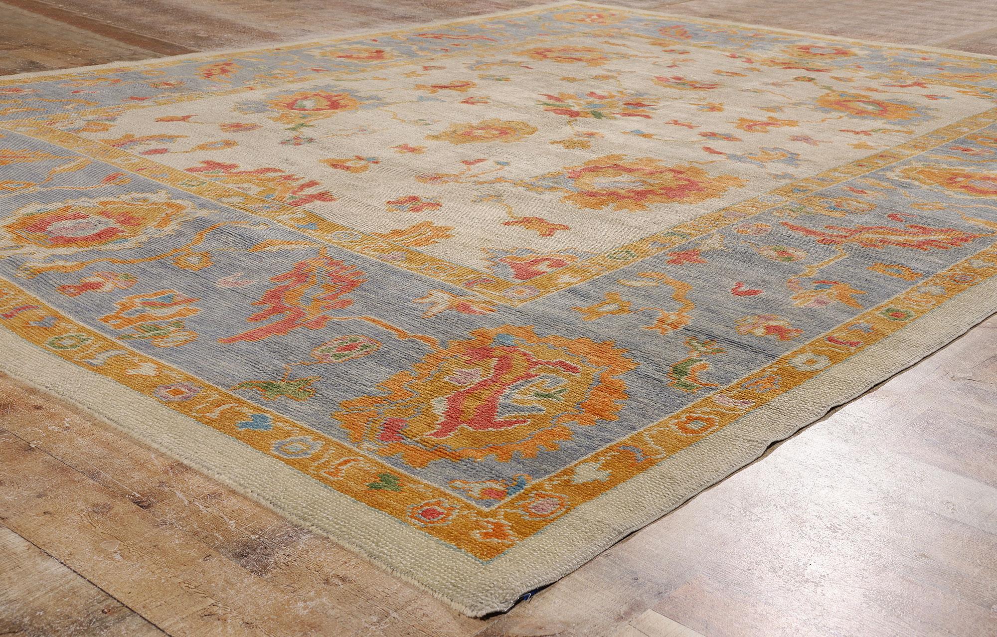 Zeitgenössischer türkischer Oushak-Teppich in Pastellfarben mit Stammes-Boho-Chic-Stil (Handgeknüpft) im Angebot