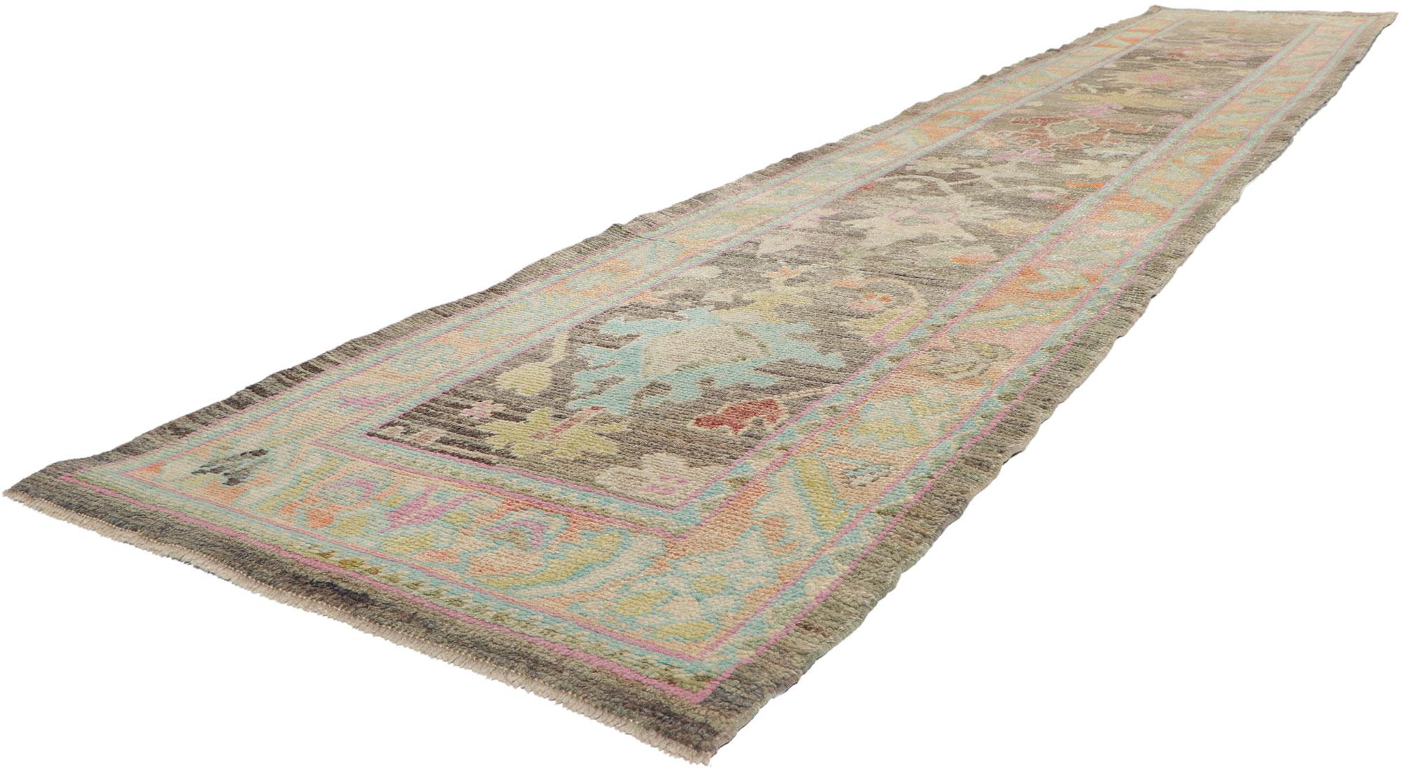 53805 New Modern Style Turkish Oushak hallway runner 02'11 x 15'10. This hand-knotted wool contemporary Turkish Oushak runner features an all-over botanical pattern composed of amorphous organic motifs spread across the striated taupe colored field.