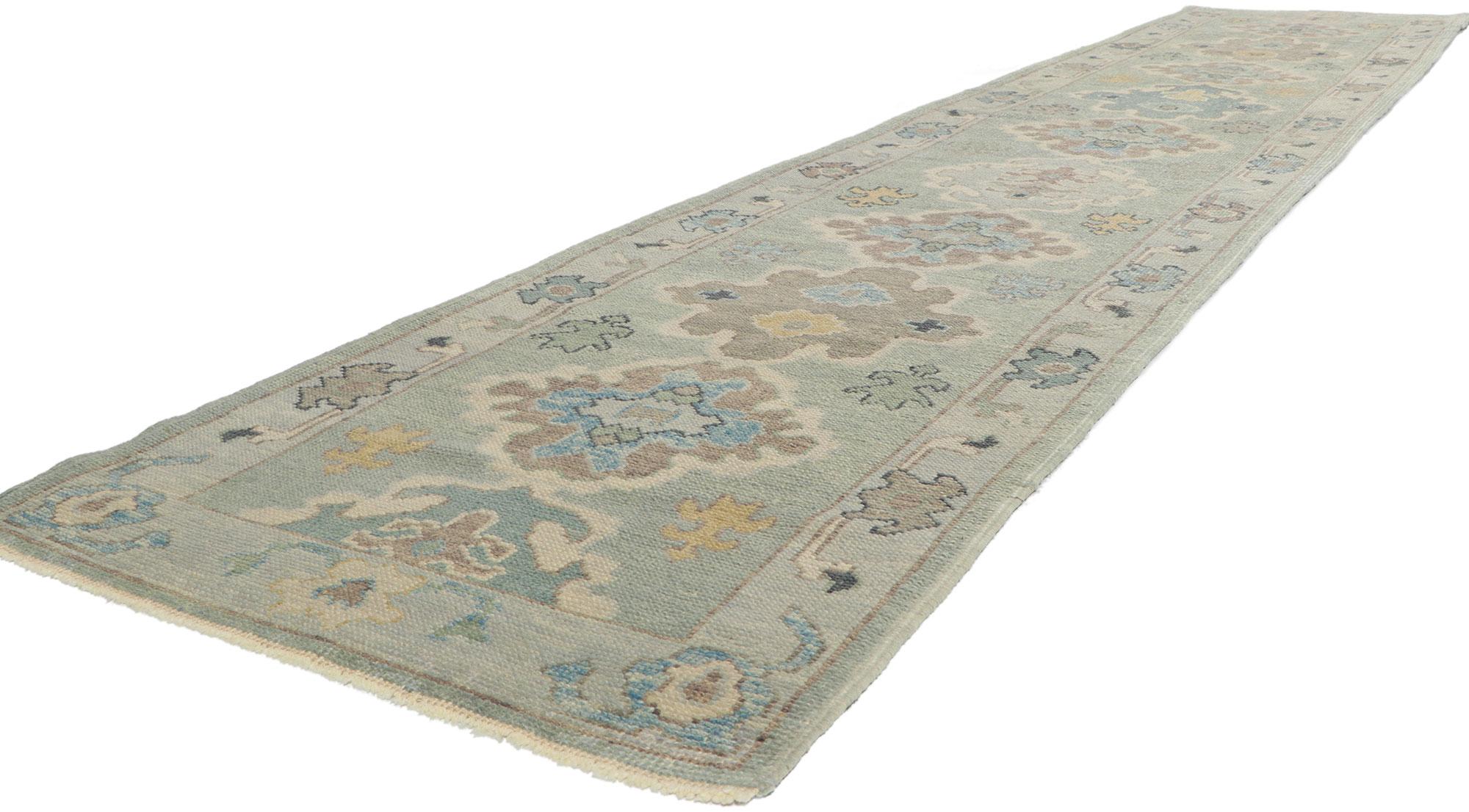 53801 New Contemporary Turkish Oushak Hallway runner with Modern Style 03'00 x 15'00. This hand-knotted wool contemporary Turkish Oushak runner features a botanical pattern spread across an abrashed Palladian colored backdrop. An array of botanical