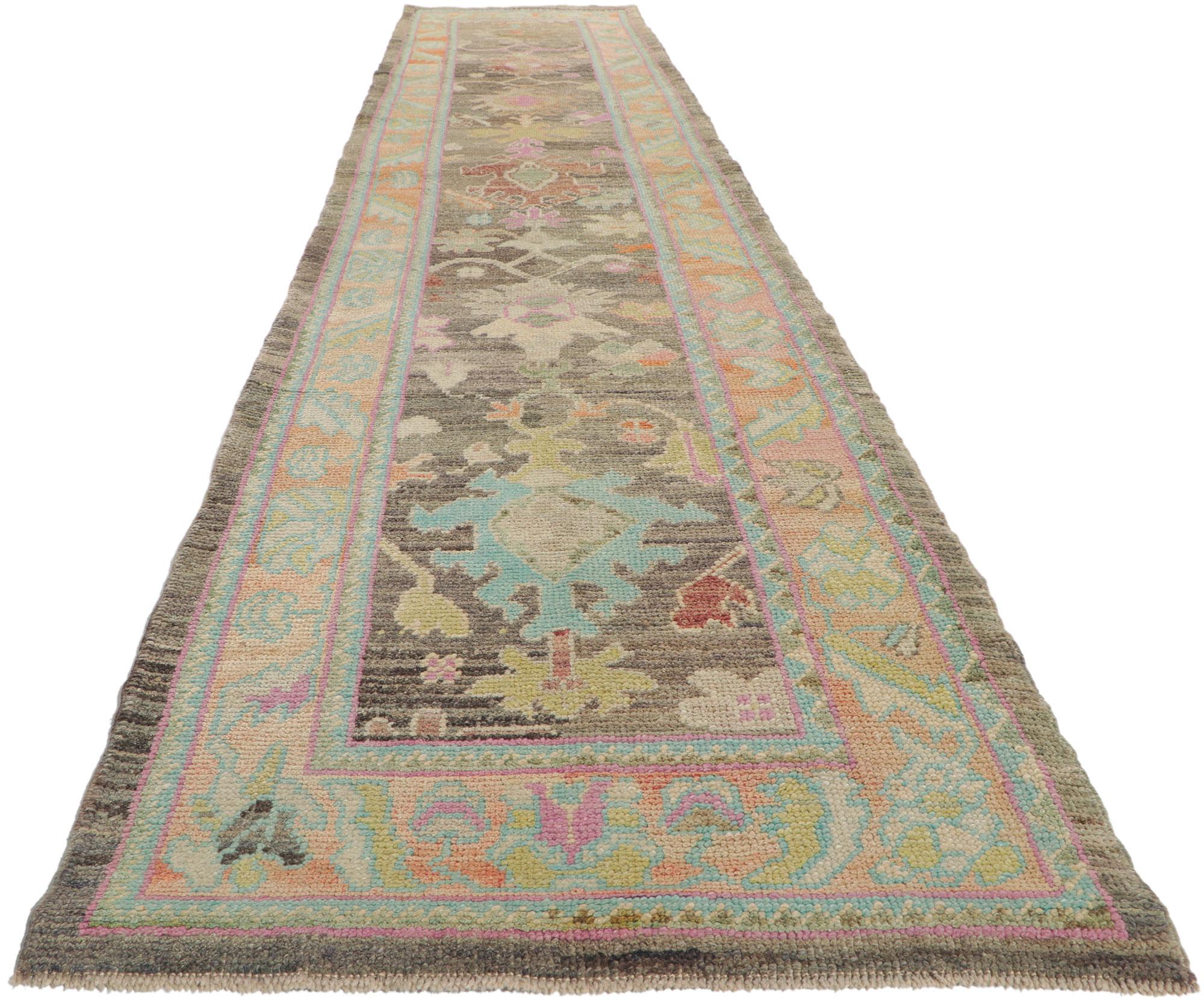 Hand-Knotted New Contemporary Turkish Oushak Hallway Runner with Modern Style For Sale