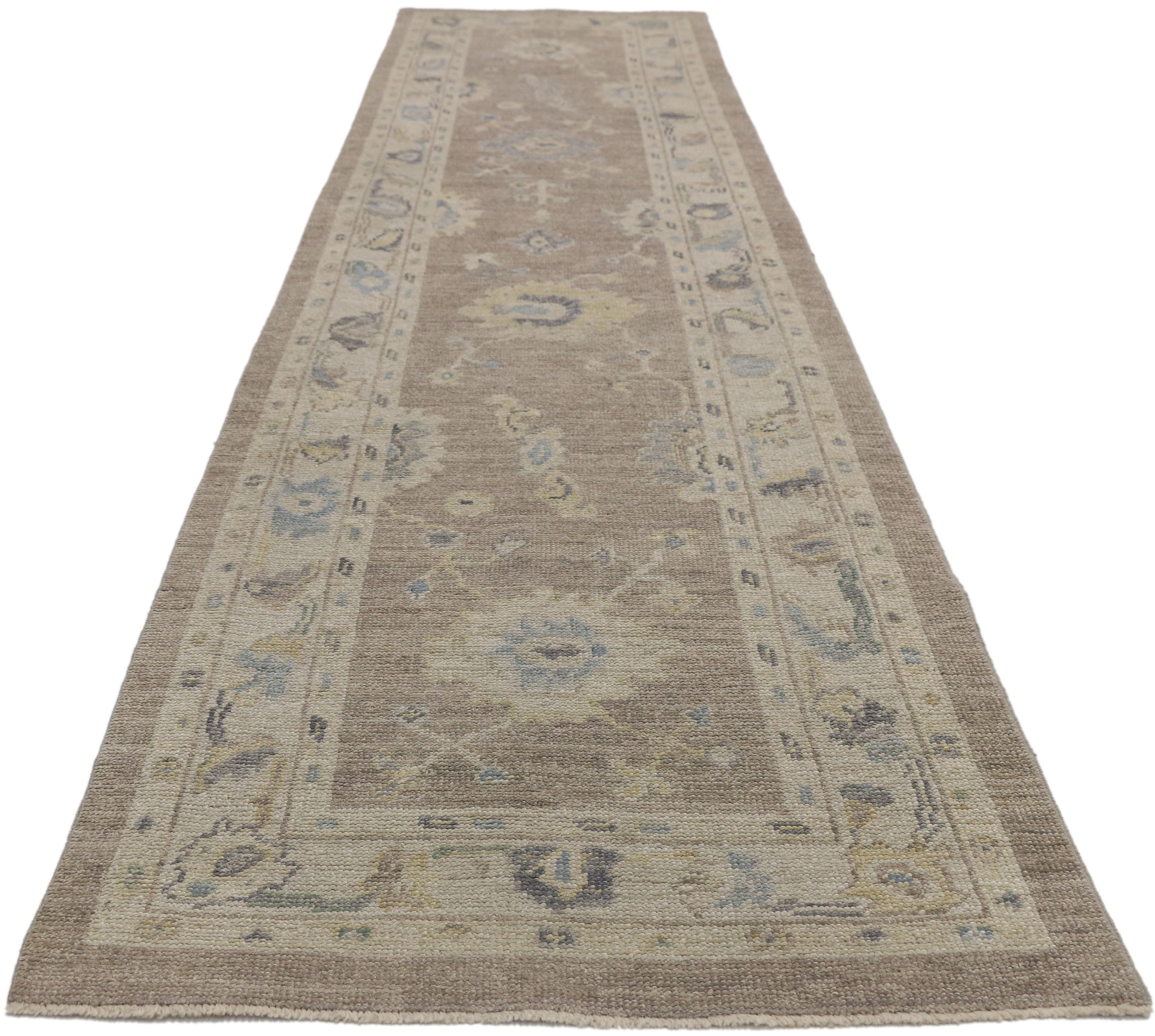 Hand-Knotted New Contemporary Turkish Oushak Hallway Runner with Transitional Style For Sale