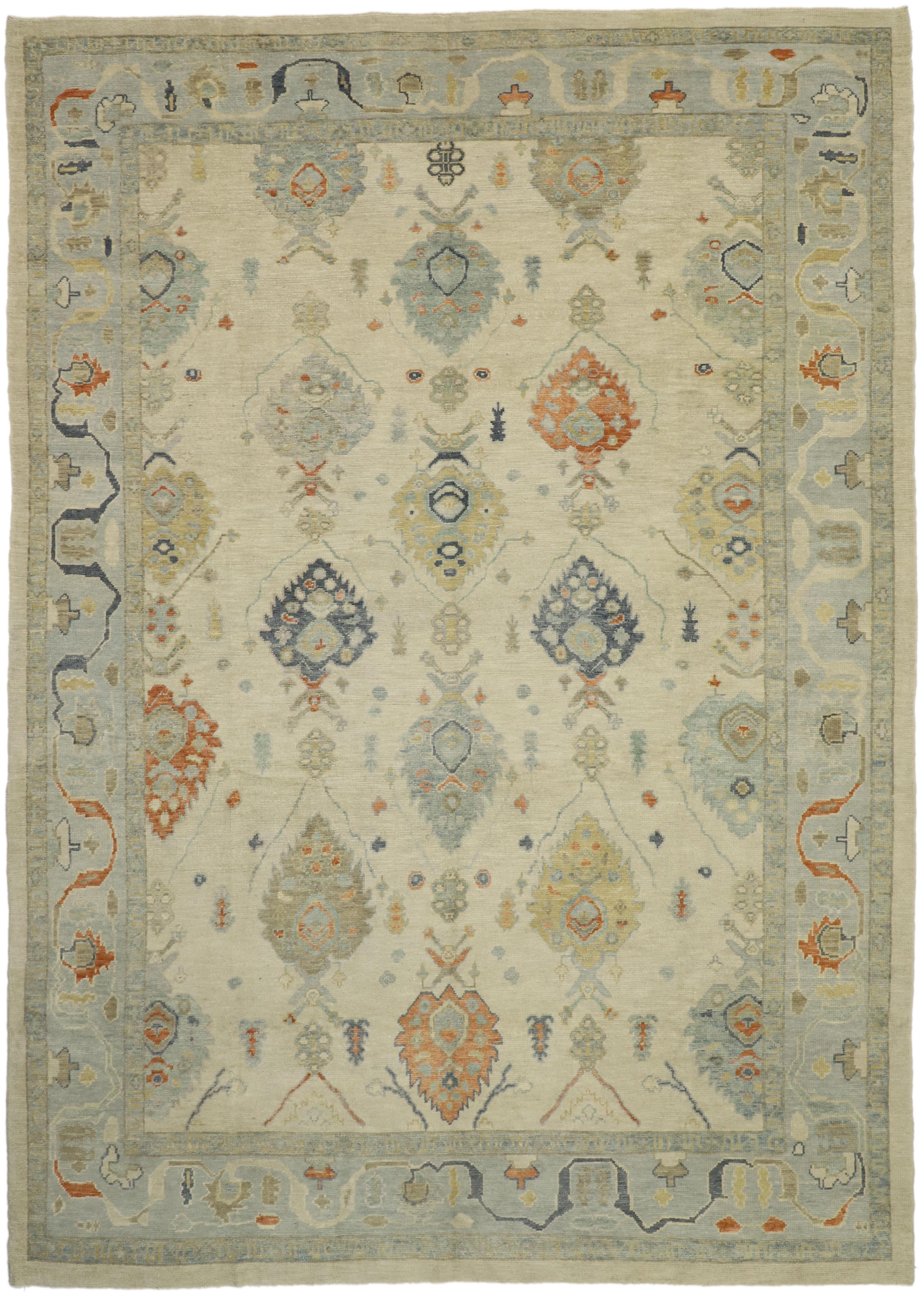 52512 new contemporary Turkish Oushak large area rug with transitional style. This hand knotted wool contemporary Turkish Oushak area rug features an all-over large scale geometric pattern composed of Harshang-style motifs, blooming palmettes,