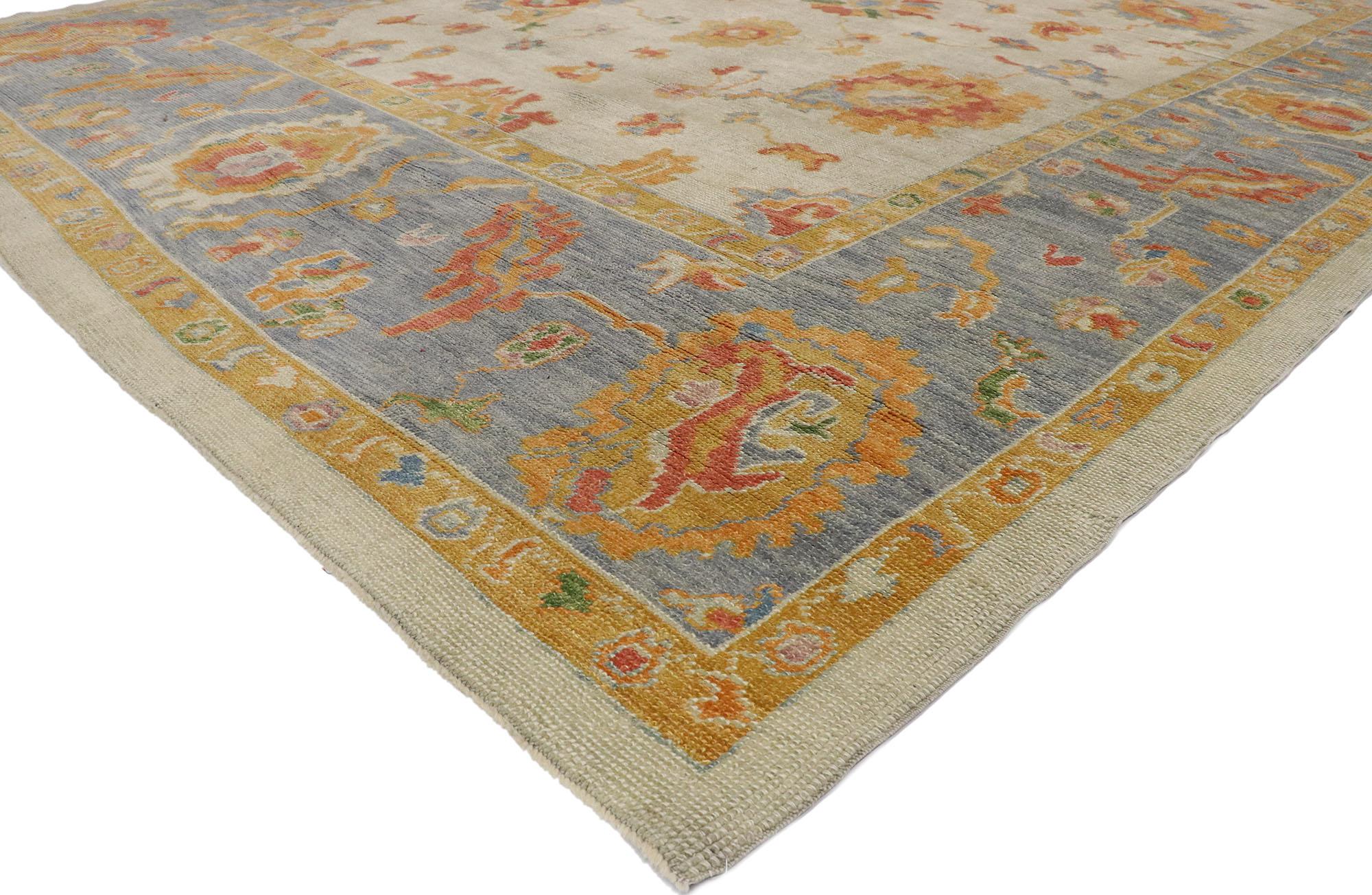 52165 New Colorful Contemporary Turkish Oushak Rug 09’03 x 12’03. Woven with masterful precision in the artisanal ateliers of Turkey, this hand knotted wool contemporary Oushak rug exudes the essence of bespoke elegance and timeless heritage. A