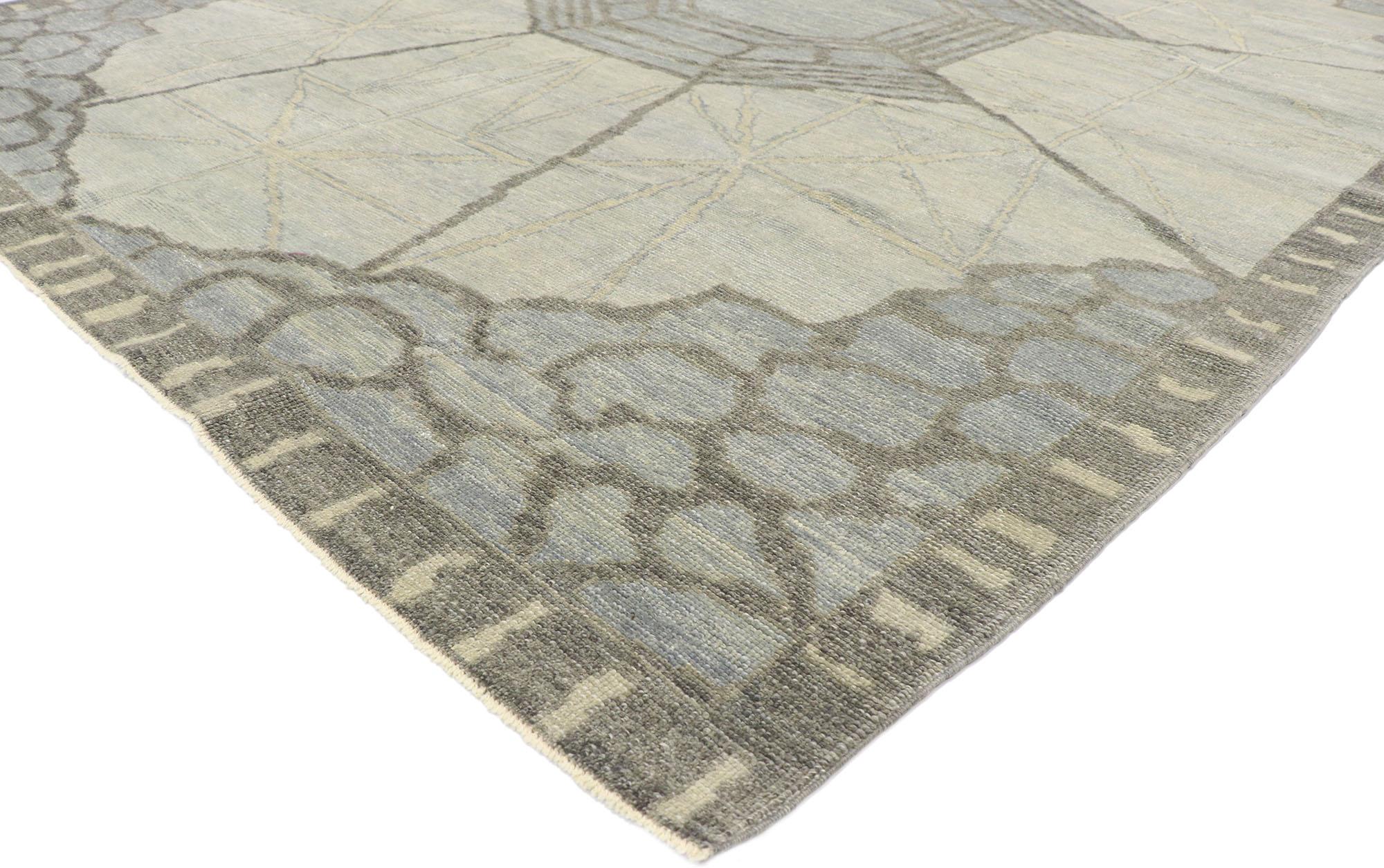 53501, new contemporary Turkish Oushak rug inspired by Zeki Muren. With its geometric pattern, bold form and subdued colors, this hand knotted wool contemporary Turkish Oushak rug beautifully embodies Abstract Expressionist style. Showcasing a