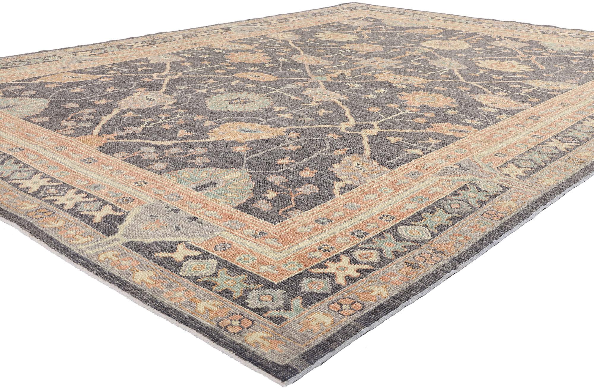 79113 Nueva Alfombra Turca Moderna Oushak, 09'05 x 12'08. Esta moderna alfombra turca Oushak de lana anudada a mano presenta una fascinante mezcla de arte tradicional de Anatolia y elegancia contemporánea. El campo gris marengo sirve de lienzo