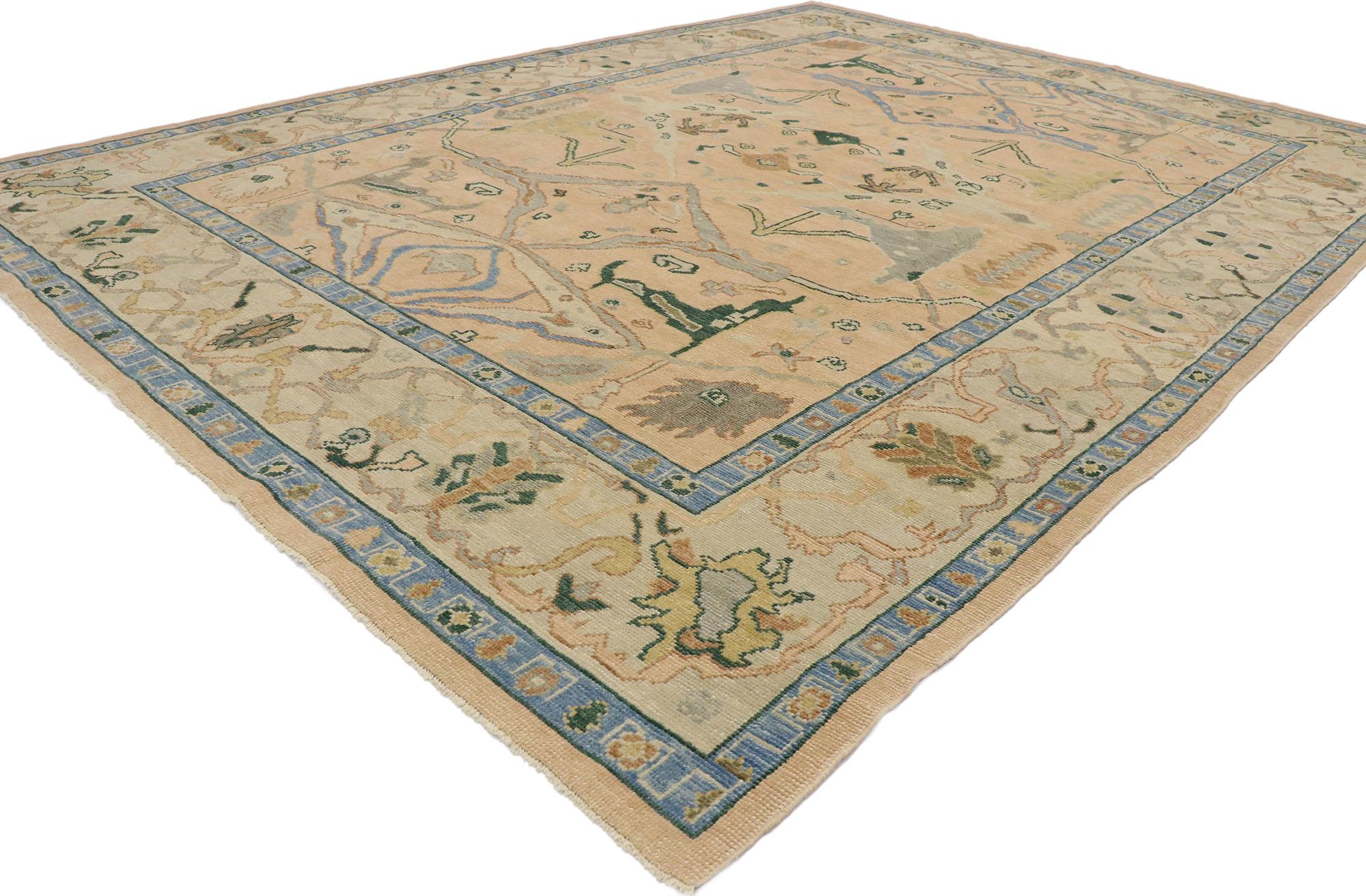 53382, new contemporary Turkish Oushak rug with Arts & Crafts style. This hand knotted wool new contemporary Turkish Oushak rug features an all-over geometric botanical pattern spread across an abrashed field. The vibrant field pattern is comprised