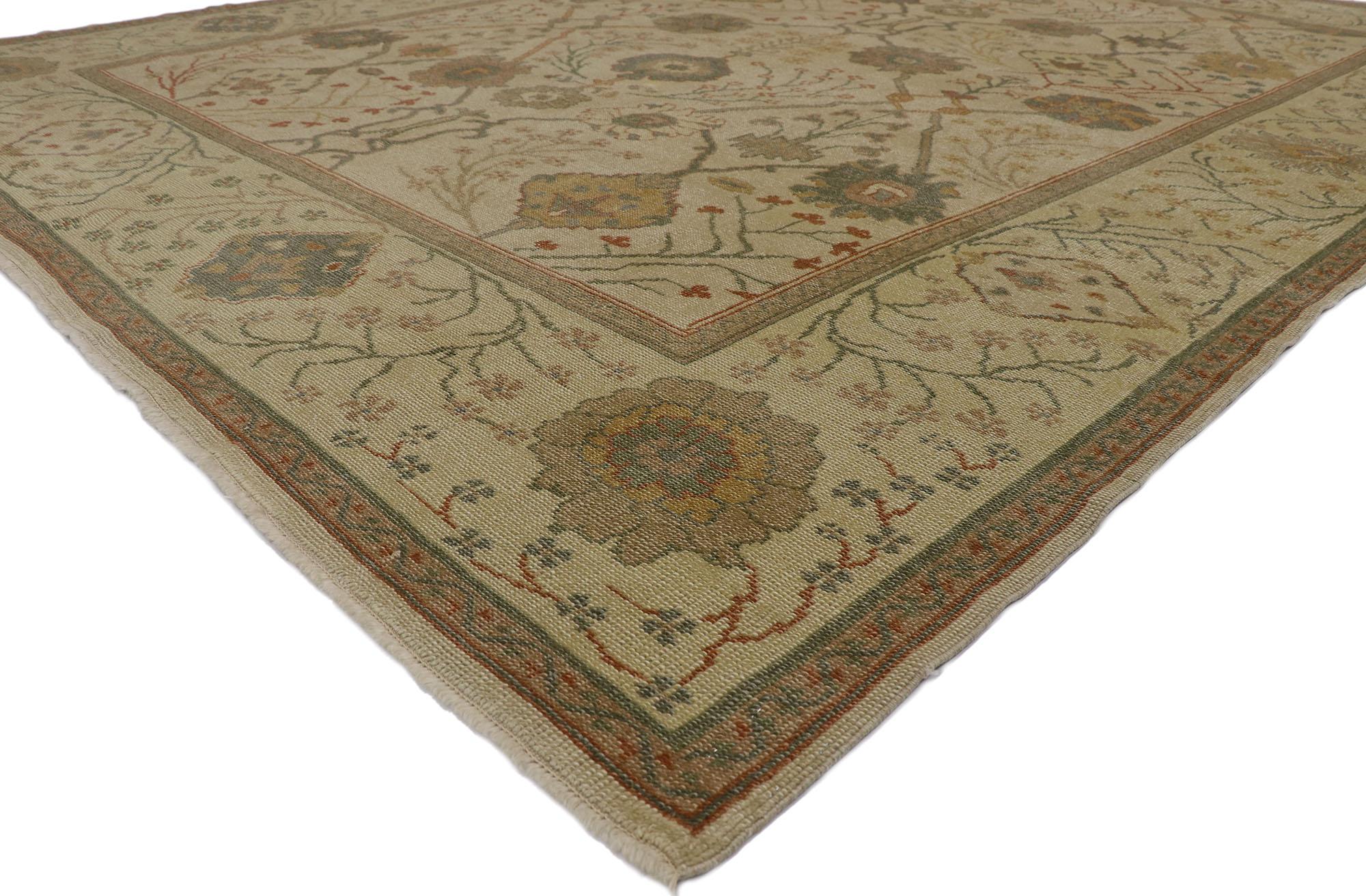 78152 new Contemporary Turkish oushak rug with Arts and Crafts style 09'05 x 12'01. Warm and inviting with Arts & Crafts style, this hand-knotted wool contemporary Turkish Oushak features an all-over botanical lattice pattern spread across an