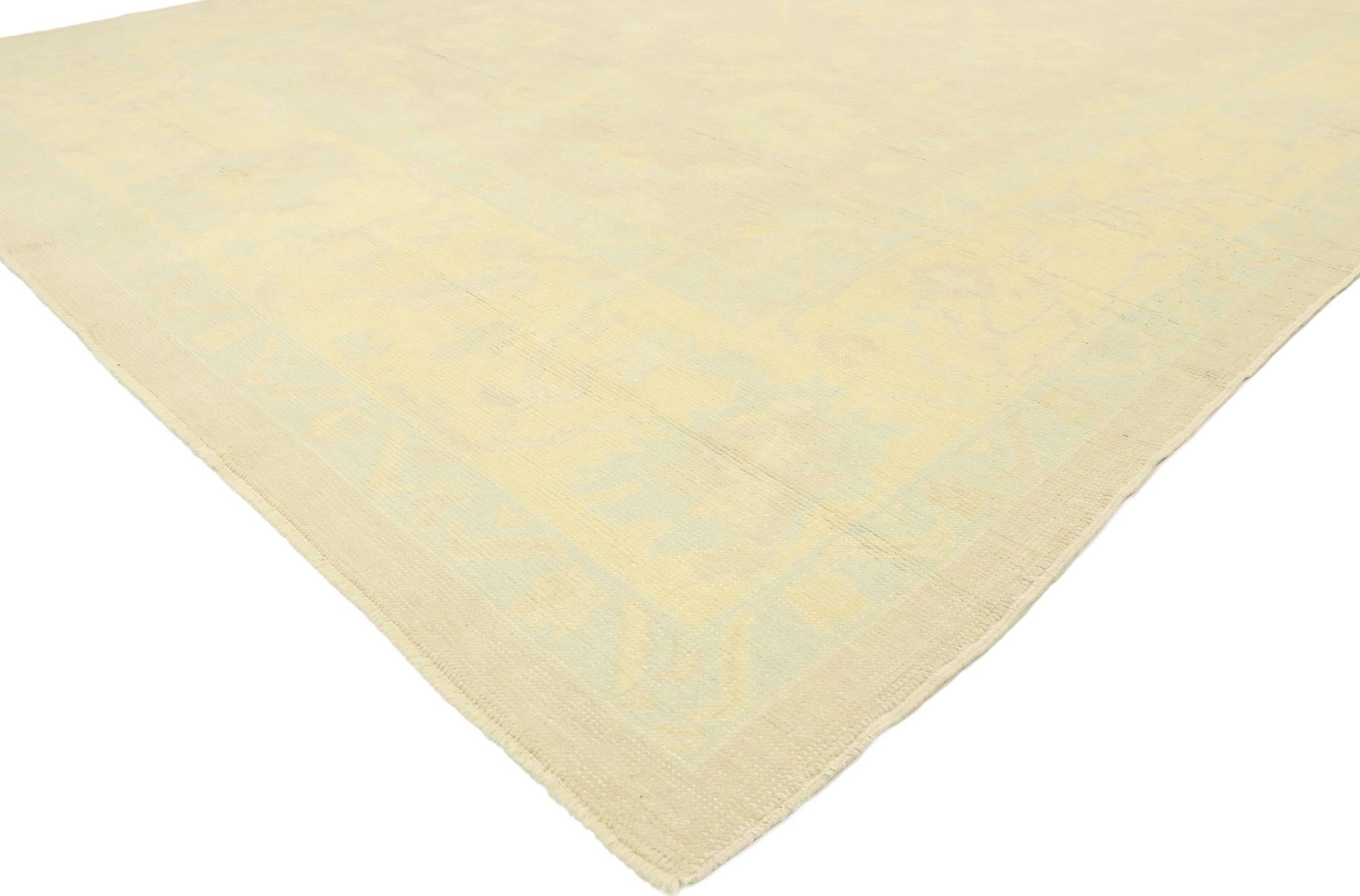 53161, new contemporary Turkish Oushak rug with coastal cottage Nantucket style. Blending elements from the modern world with soft colors, this hand knotted wool contemporary Turkish Oushak rug will boost the coziness factor in nearly any space. The