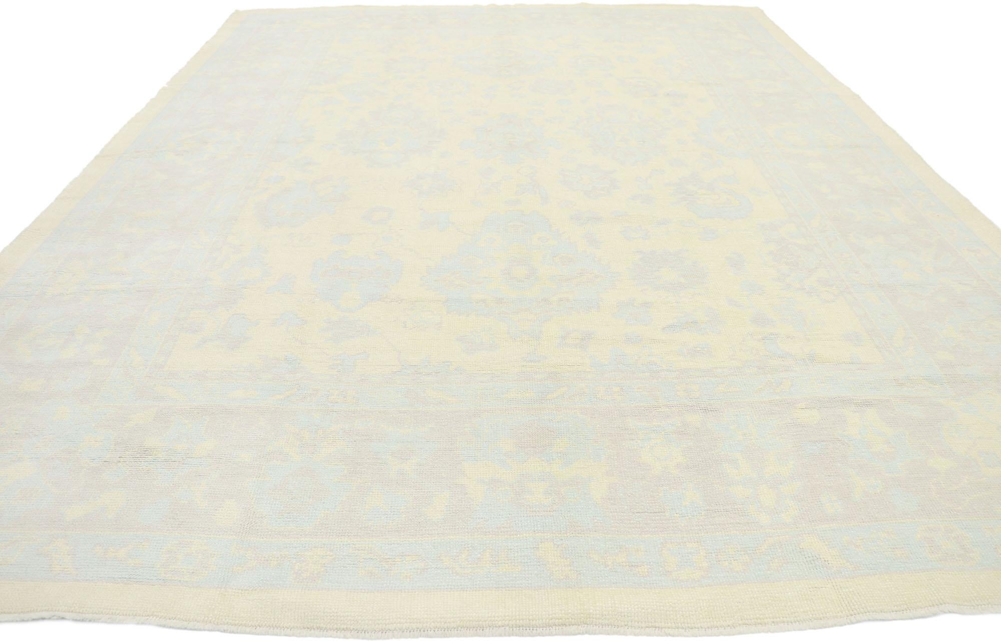 Hand-Knotted New Muted Turkish Oushak Rug, French Country Cottage Meets Modern Style For Sale