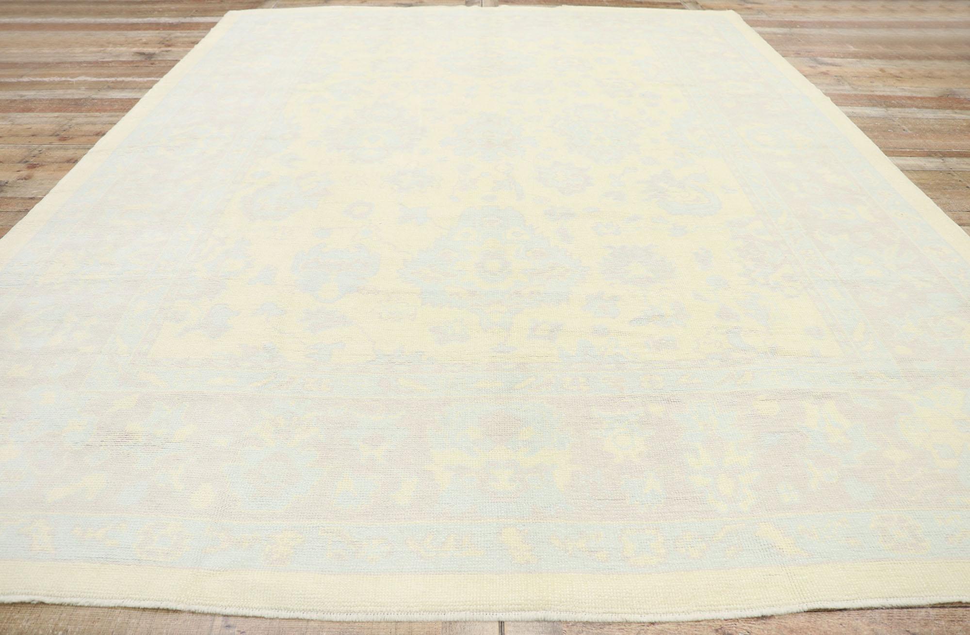 New Muted Turkish Oushak Rug, French Country Cottage Meets Modern Style For Sale 1