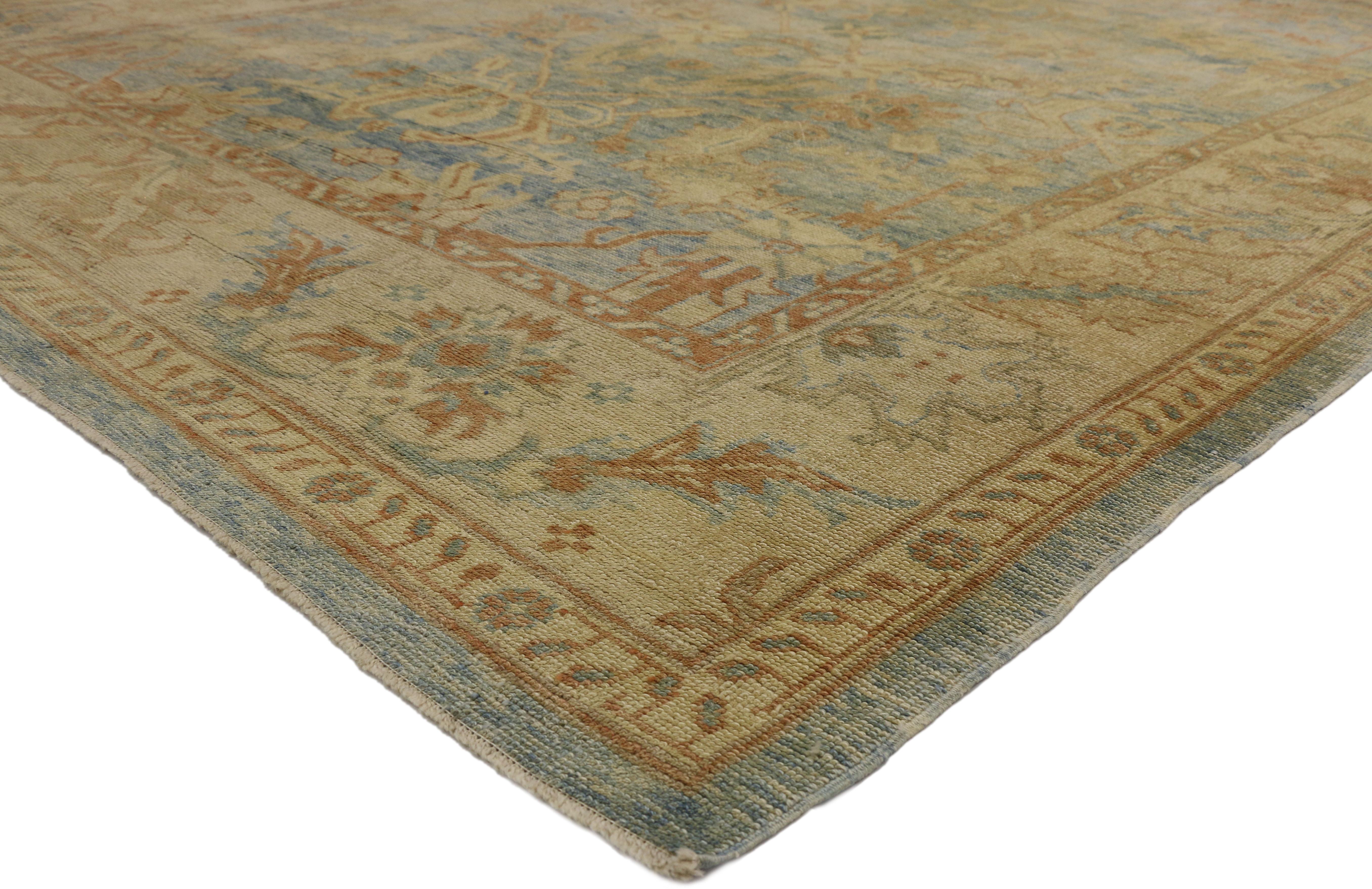76891 New Contemporary Turkish Oushak Rug with Coastal Cottage Neoclassical Style. Blending elements from the modern world and Neoclassical style, this hand knotted wool contemporary Turkish Oushak rug beautifully balances new and old. It features