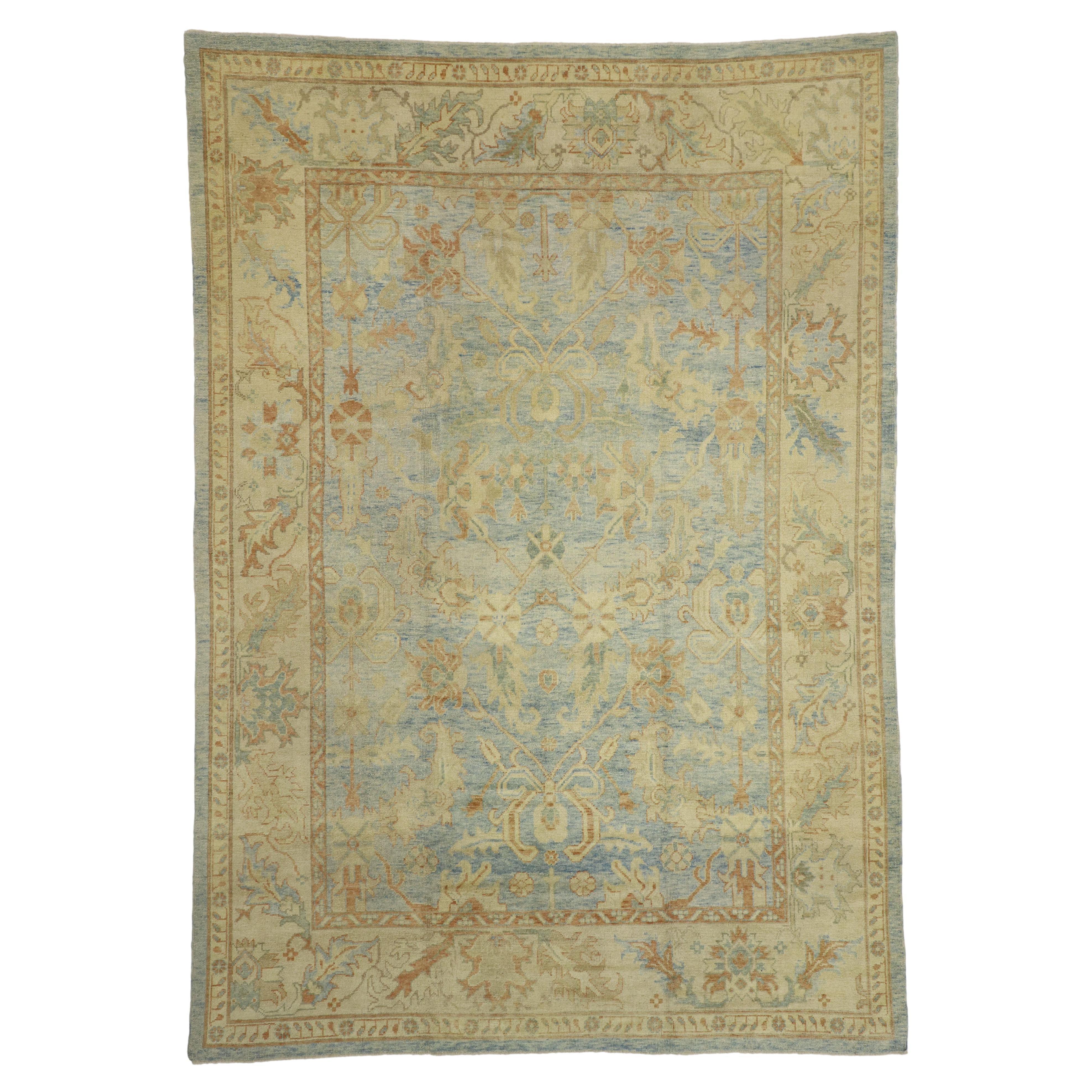 New Contemporary Turkish Oushak Rug with Coastal Cottage Style, Hampton's Chic For Sale