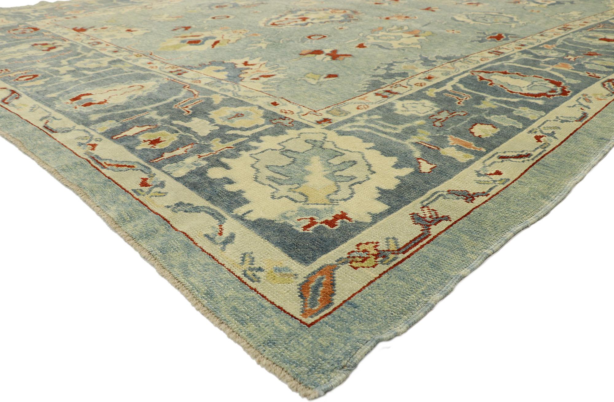 51856 Modern Blue Turkish Oushak Rug, 11’02 x 15’07. In a harmonious fusion of Coastal style and contemporary influences, this hand-knotted wool contemporary Turkish Oushak rug seamlessly blends the old with the new. Adorning its surface is an