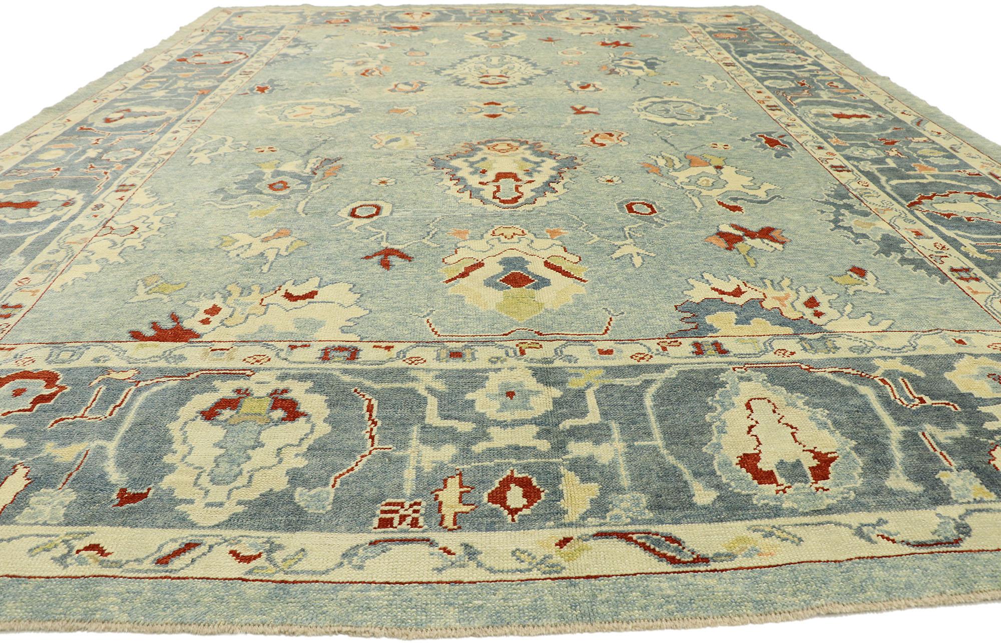 Hand-Knotted Contemporary Blue Turkish Oushak Rug  For Sale