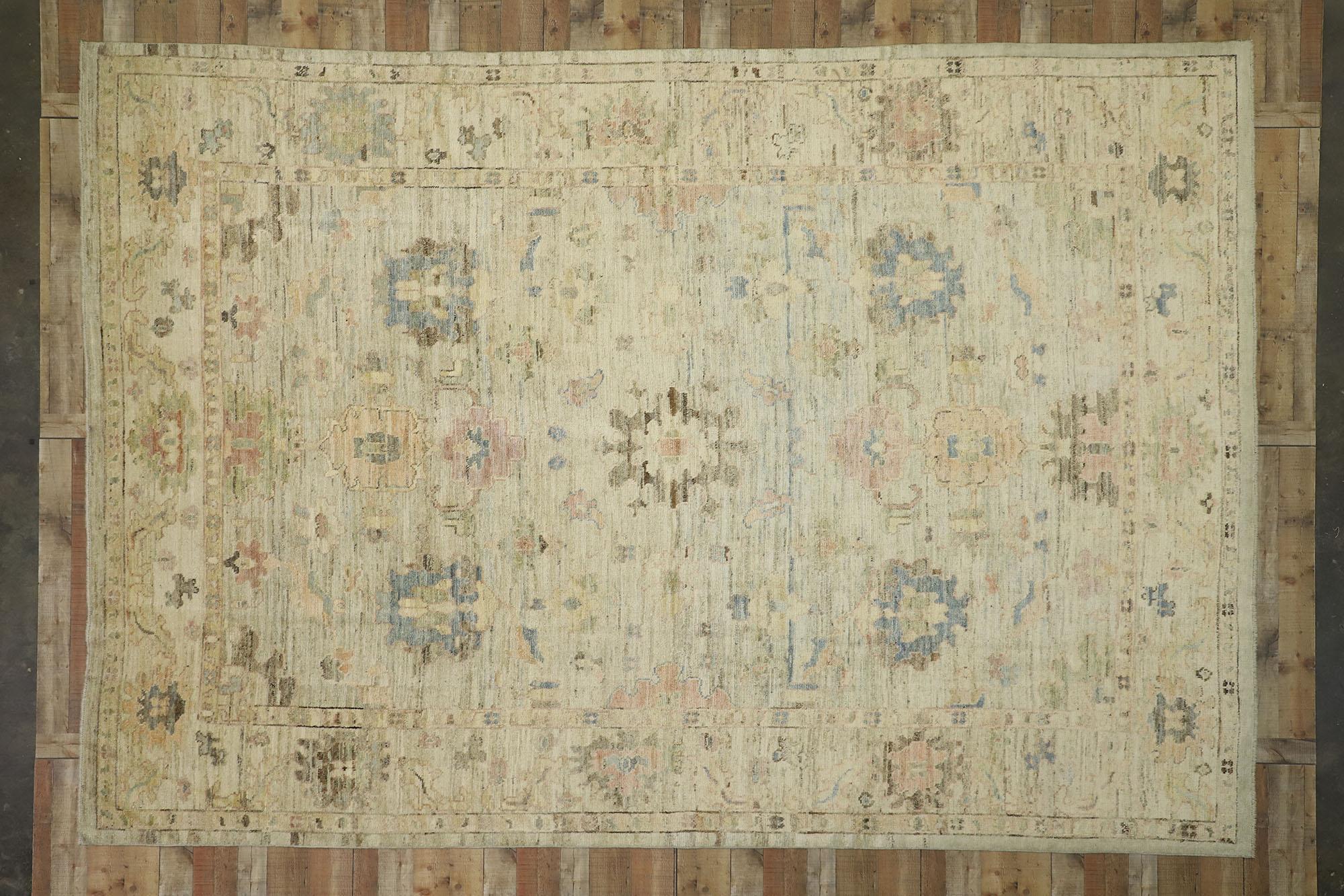 52505, new contemporary Turkish Oushak rug with French country and cottage style. This hand knotted wool contemporary Turkish Oushak area rug features an all-over geometric pattern composed of Harshang-style motifs, blooming lotus, palmettes,