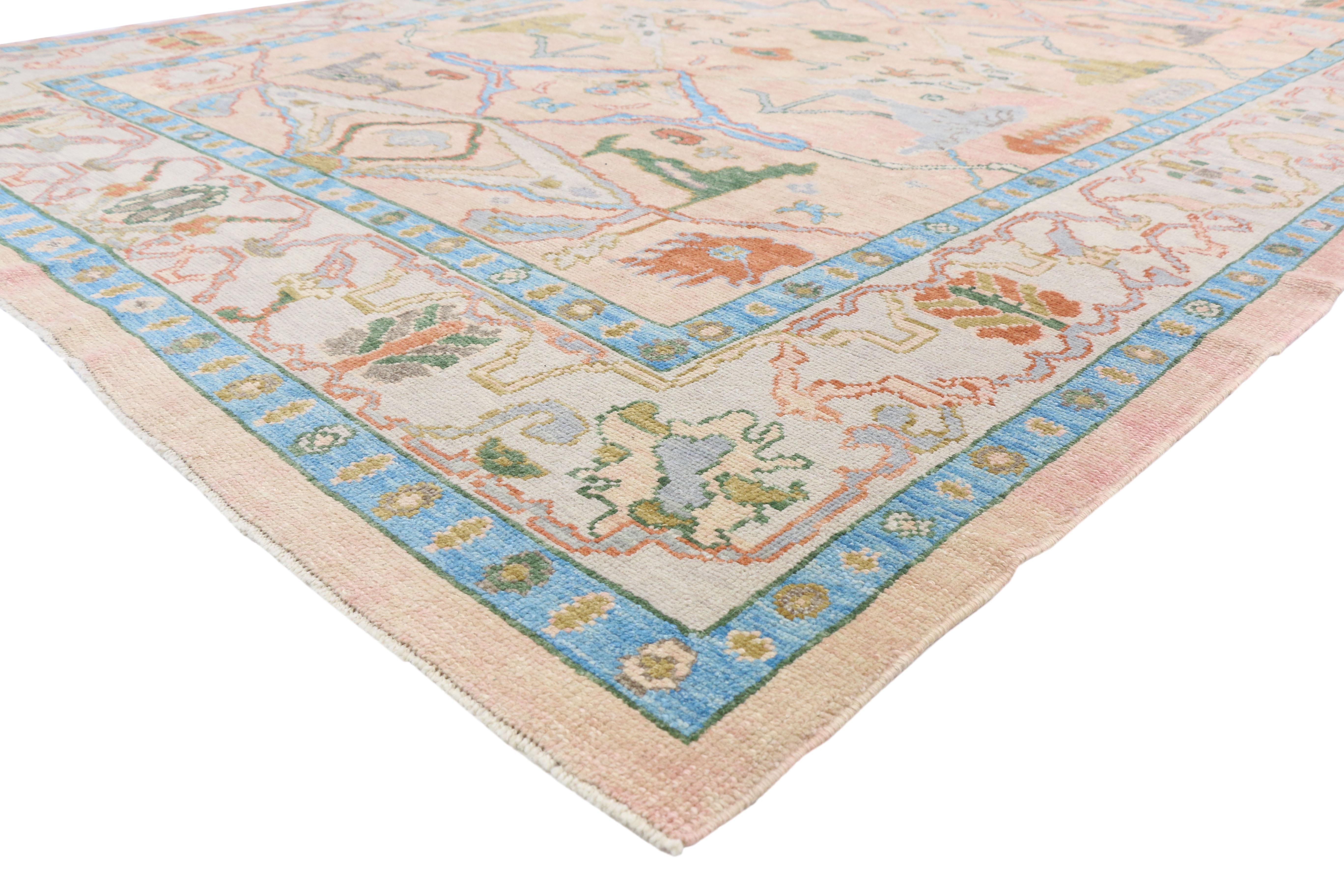 52427, new contemporary Turkish Oushak rug with Memphis style and pastel colors. Soft pastel hues and inspired by an alluring early 19th century Sultanabad style design, this hand knotted wool Contemporary Turkish Oushak rug is a statement of