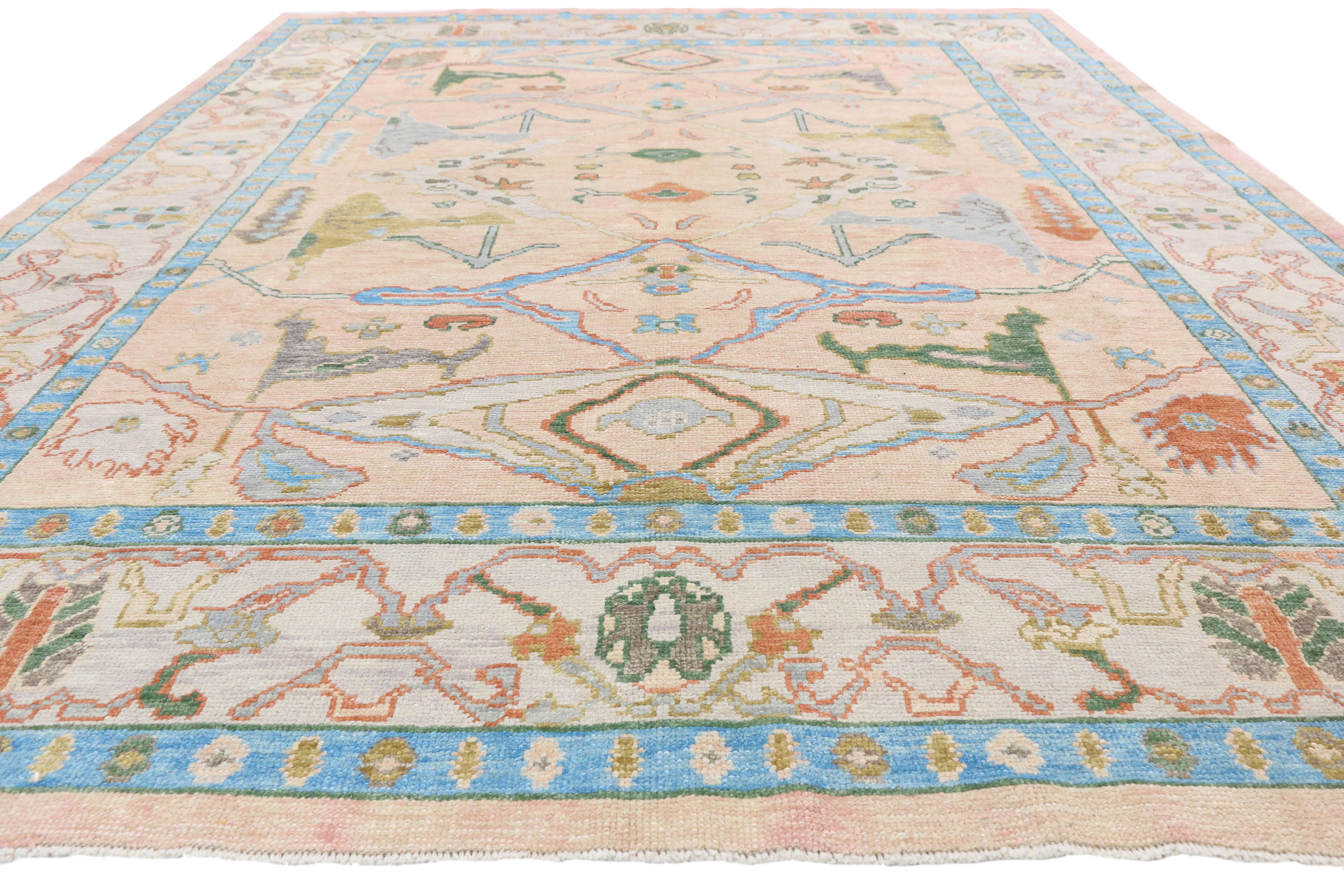 Hand-Knotted New Contemporary Turkish Oushak Rug with Memphis Style and Pastel Colors