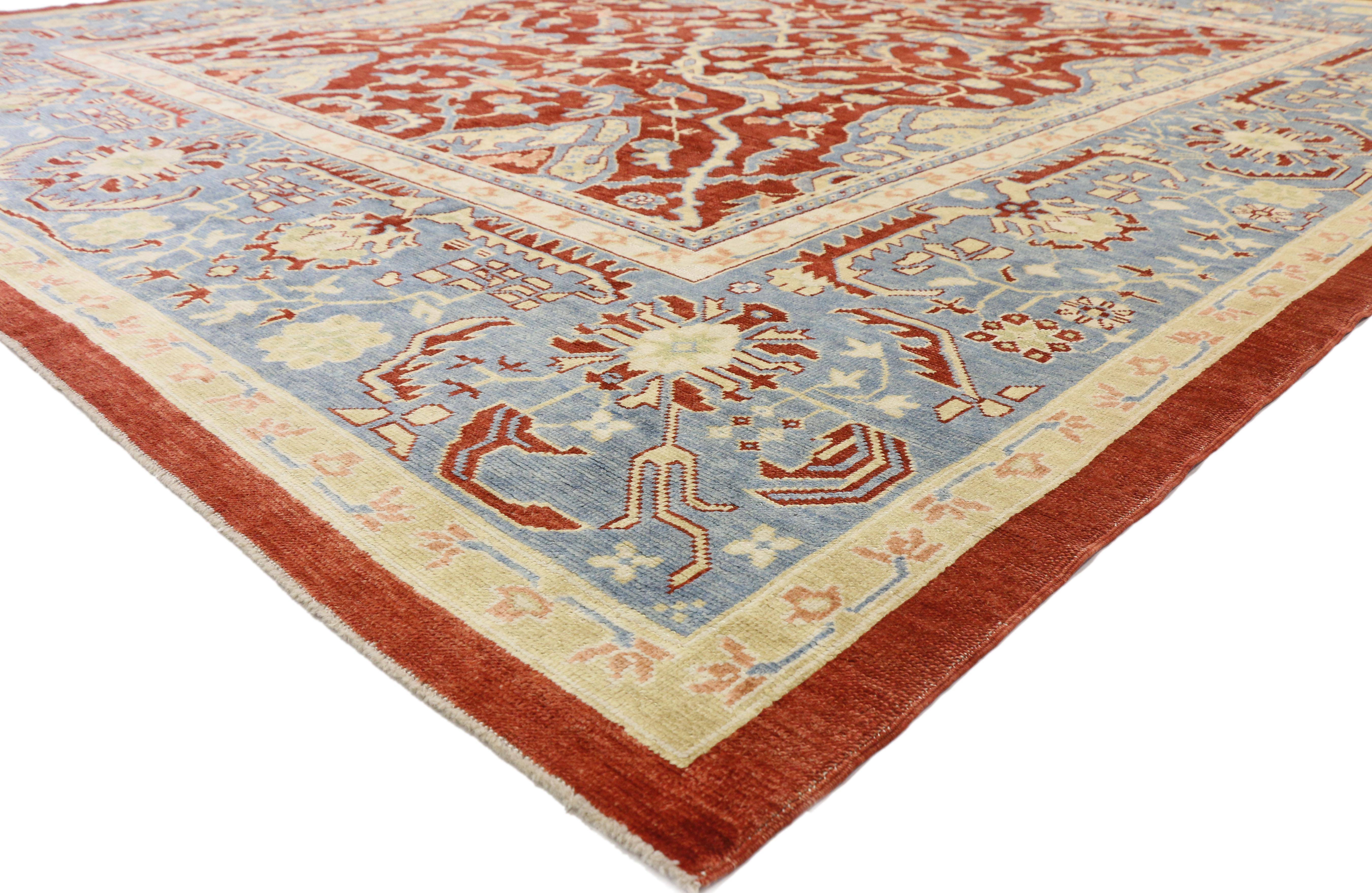 52429 New Contemporary Turkish Oushak rug with Modern American Colonial Federal style. Blending a Federal style and elements from the modern world, this hand knotted wool contemporary Turkish Oushak rug beautifully balances new and old. It features