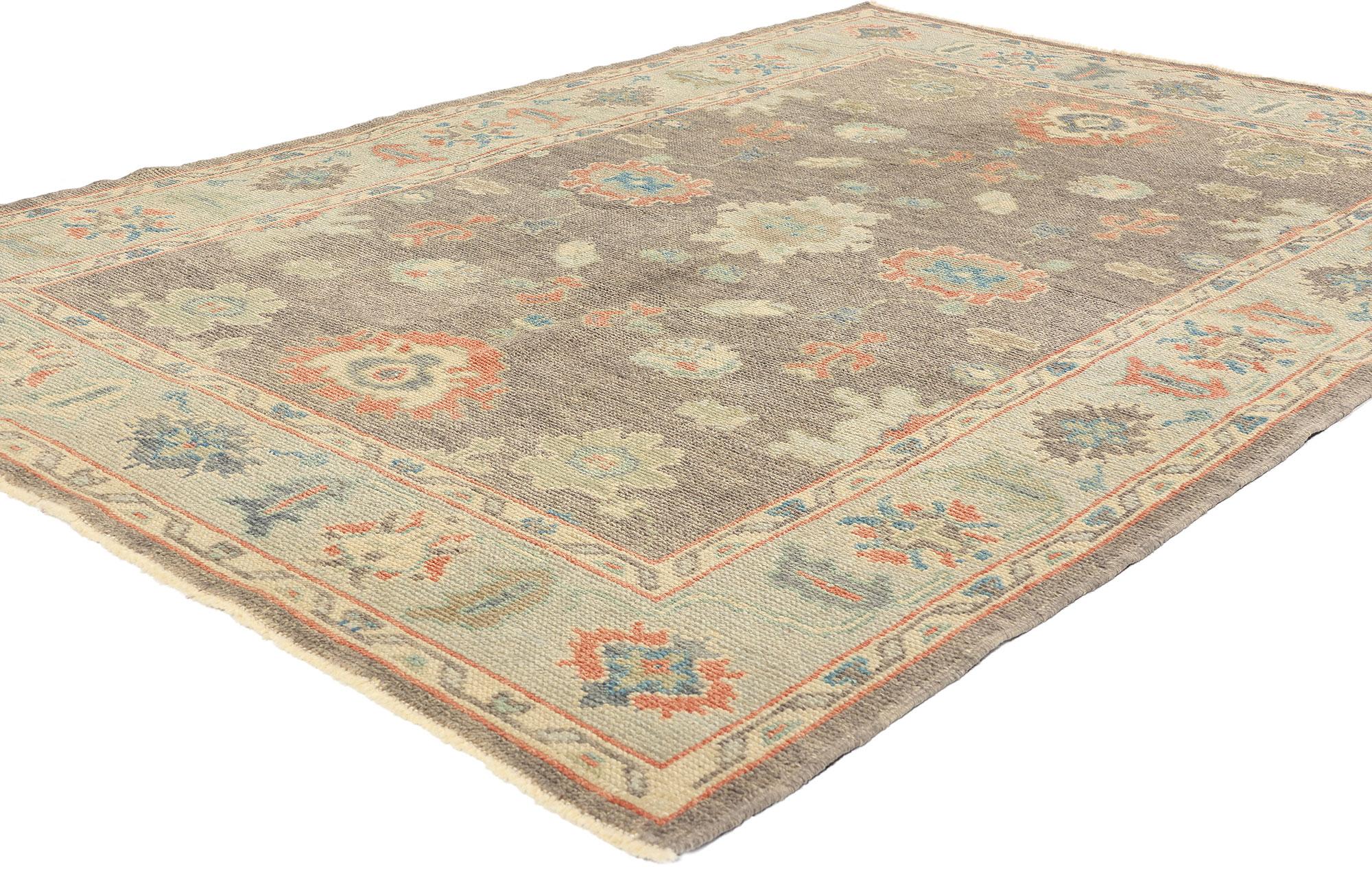 53425 Earth-Tone Oushak Turkish Rug, 05'02 x 07'06. In the ethereal realm where warmth and nature intertwine, this hand-knotted wool Turkish Oushak rug emerges as a captivating ode to biophilic design. Its sumptuous fibers, woven with meticulous