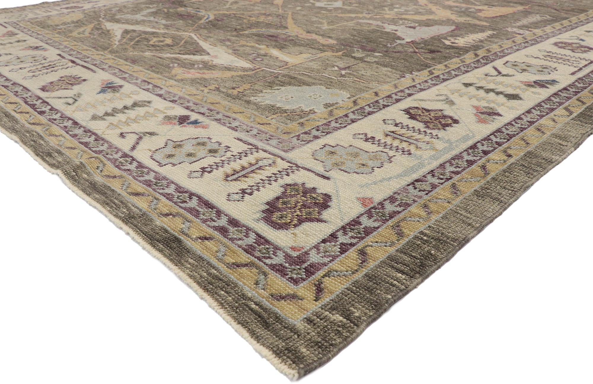 52791, new contemporary Turkish Oushak rug with Modern Artisan style. The warm colors and subdued geometric print woven into this hand knotted wool new Contemporary Turkish Oushak rug work together radiating a calm vibe. It features an asymmetrical