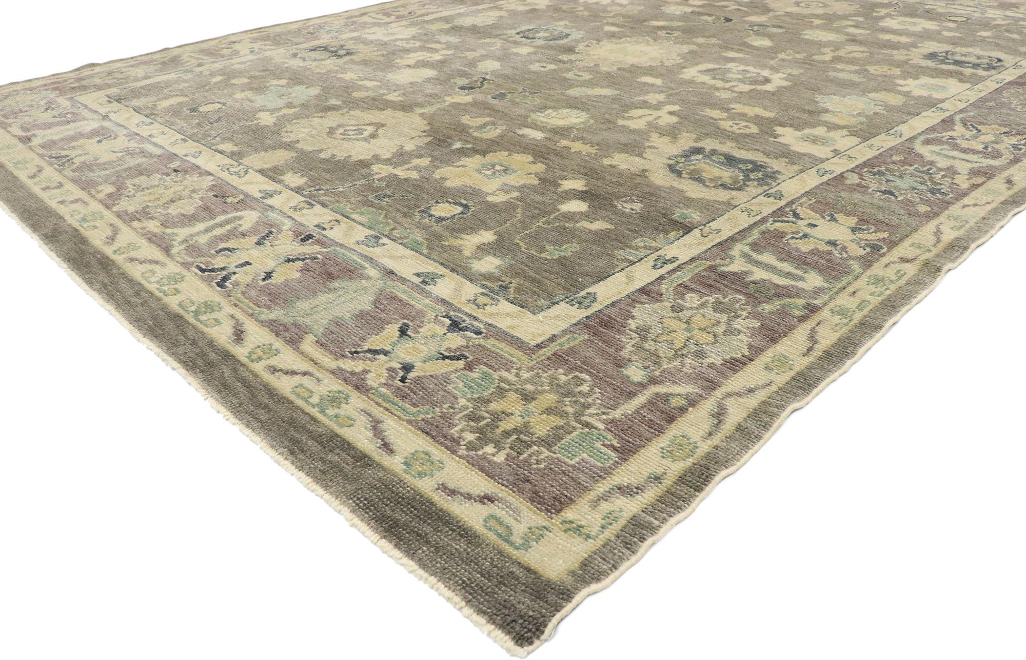 53413, new Contemporary Turkish Oushak rug with Modern Bungalow style. Warm and inviting with effortless beauty, this hand knotted wool contemporary Turkish Oushak rug charms with ease and beautifully embodies the fine craftsmanship of modern