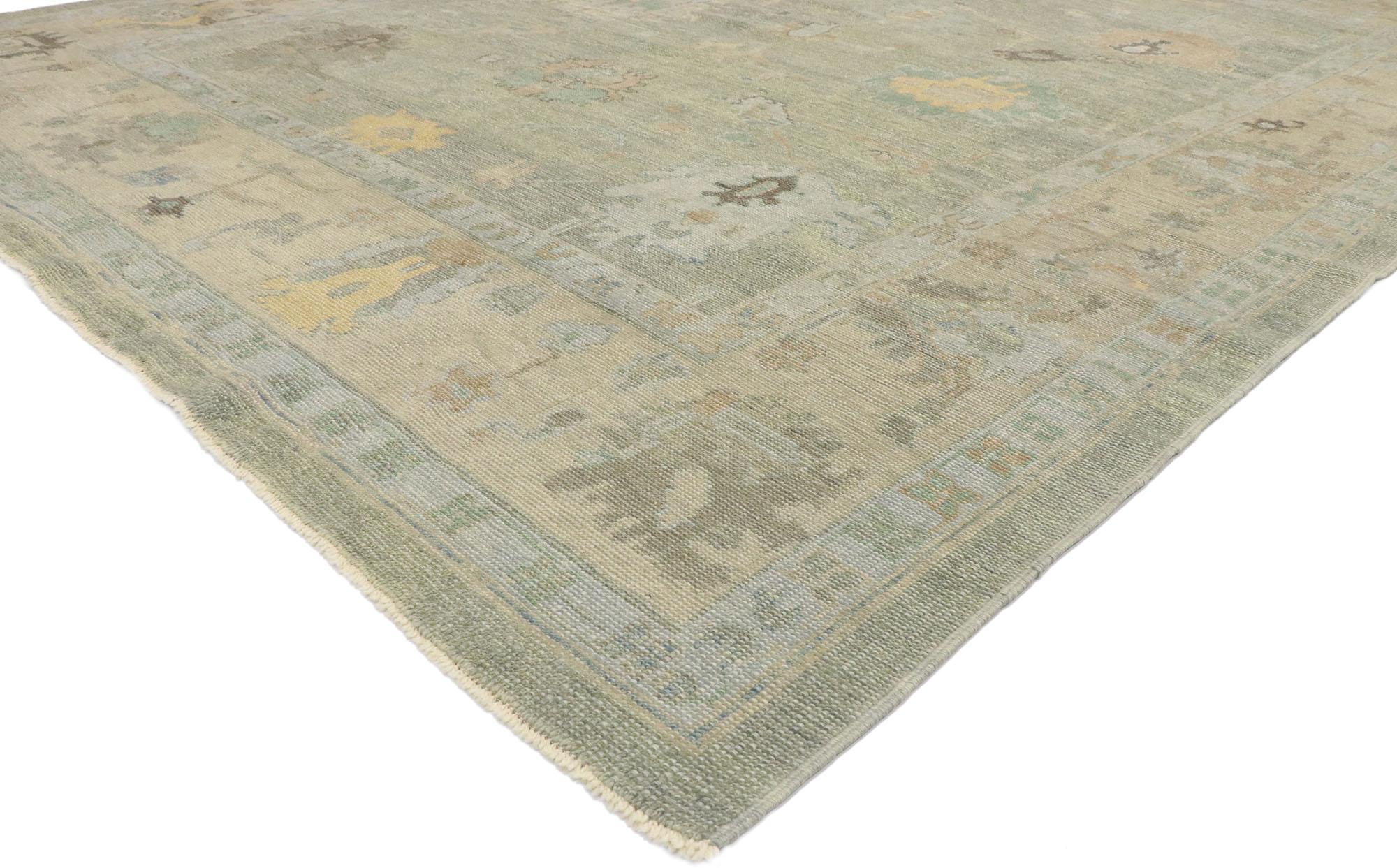 53407, new Contemporary Turkish Oushak rug with Modern Coastal Colonial style. Blending elements from the modern world with soft colors, this hand knotted wool contemporary Turkish Oushak rug will boost the coziness factor in nearly any space. It