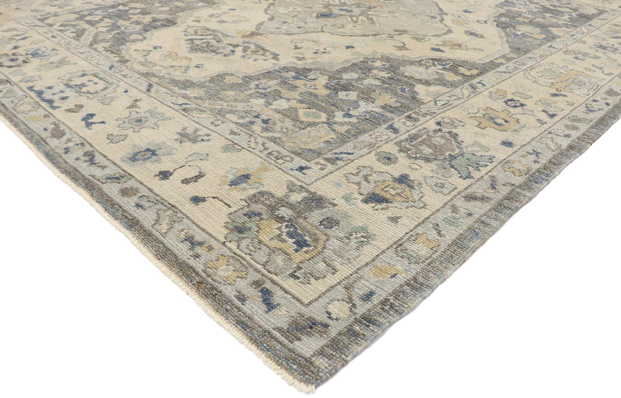 53556, new contemporary Turkish Oushak rug with Modern Coastal style. This hand-knotted wool contemporary Turkish Oushak rug features an all-over floral pattern spread across an abrashed field. An array of botanical motifs decorates the field in an