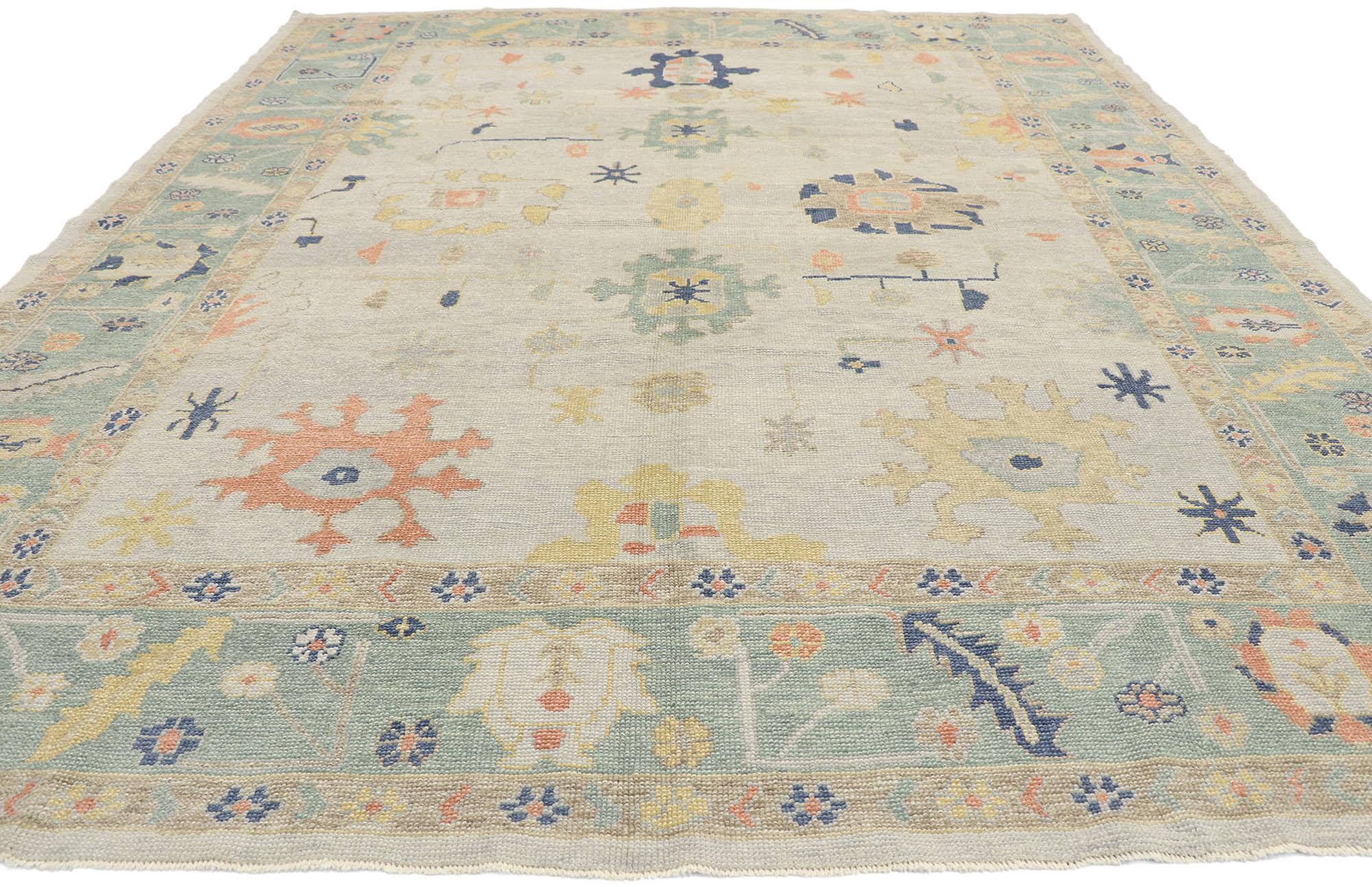 Hand-Knotted New Contemporary Turkish Oushak Rug with Modern Coastal Style