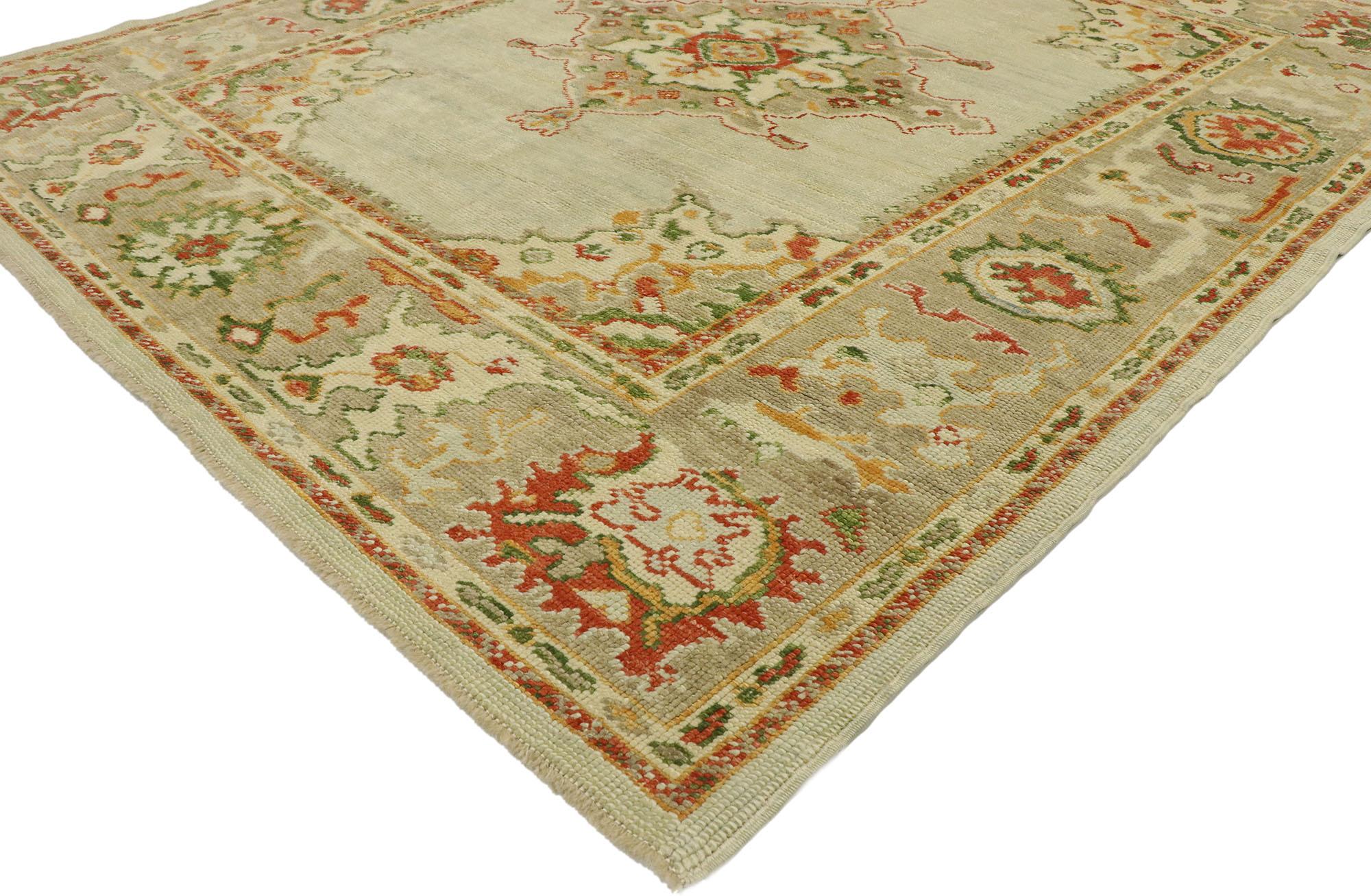 53159 New Contemporary Turkish Oushak rug with Modern Eclectic Craftsman style. Combining modern design and architectural elements of naturalist forms in earth-inspired colors, this hand knotted wool contemporary Turkish Oushak rug beautifully