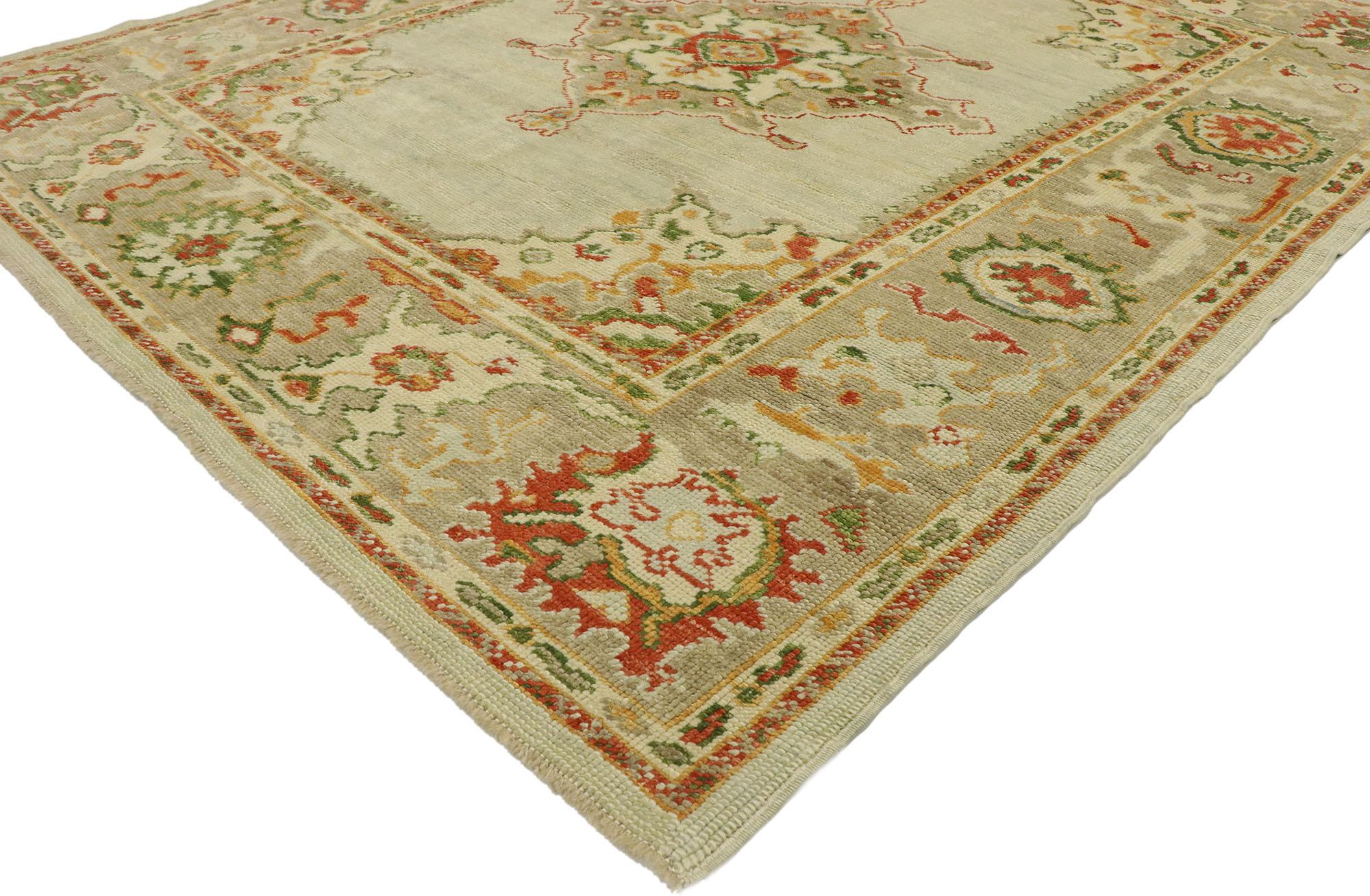 53159 Nueva alfombra turca contemporánea Oushak de estilo Artesano Ecléctico Moderno. Combinando diseño moderno y elementos arquitectónicos de formas naturalistas en colores inspirados en la tierra, esta alfombra turca contemporánea Oushak de lana