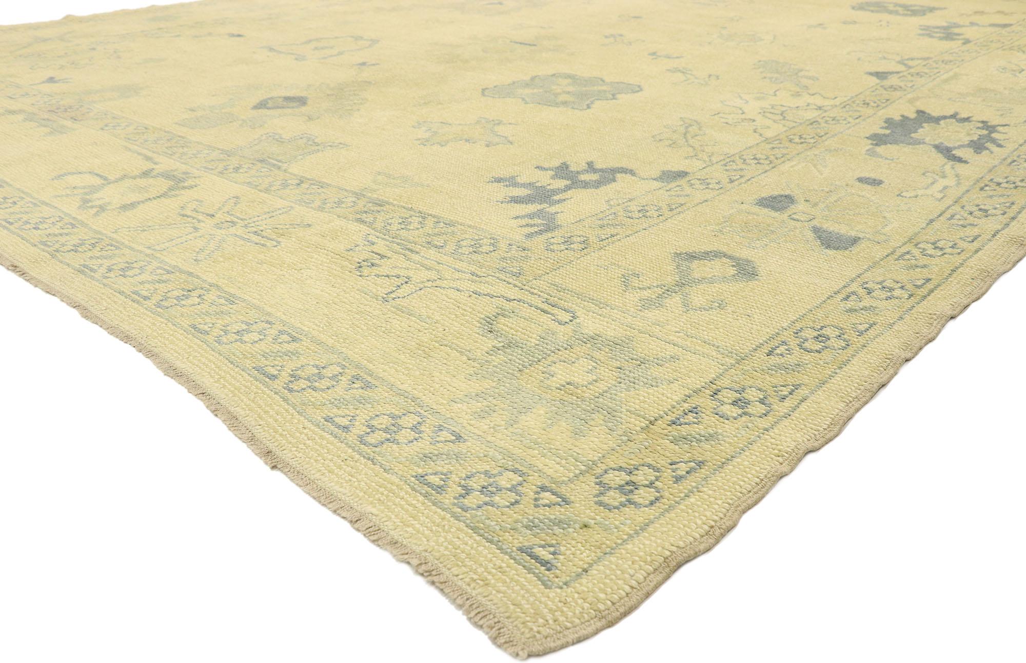 51611 New Contemporary Turkish Oushak Rug with Modern Martha's Vineyard Style. Blending elements from the modern world with light and airy colors, this hand knotted wool contemporary Oushak style area rug will boost the coziness factor in nearly any