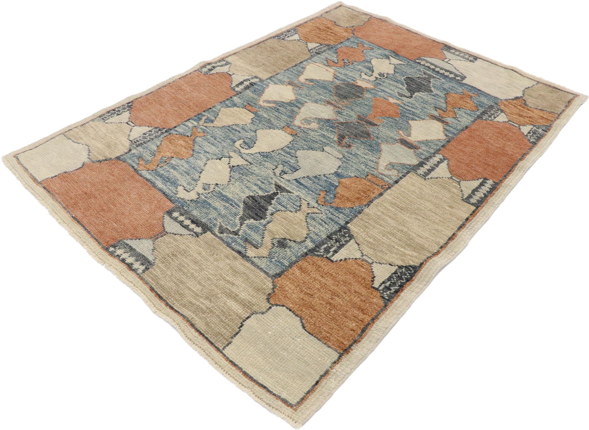53383, new contemporary Turkish Oushak rug with Modern Rustic Italian style. With brilliant blues and warm terracotta hues inspired by Italy, this hand knotted wool contemporary Turkish Oushak rug beautifully embodies an Italian Rustic style. The