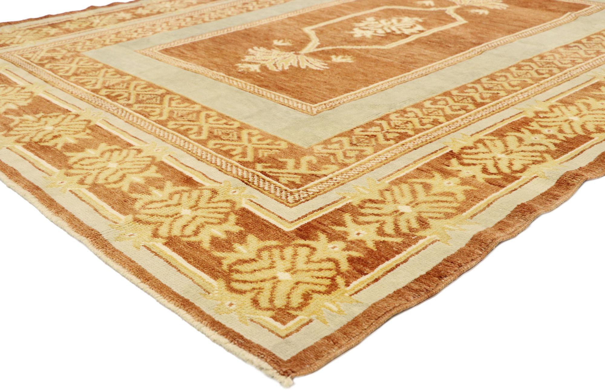 52932, new contemporary Turkish Oushak rug with modern rustic Mediterranean style 05'10 x 07'10. Reflecting facets of an Italian sun-drenched mountain terrain and warm earth-tone colors, this hand knotted wool contemporary Turkish Oushak rug