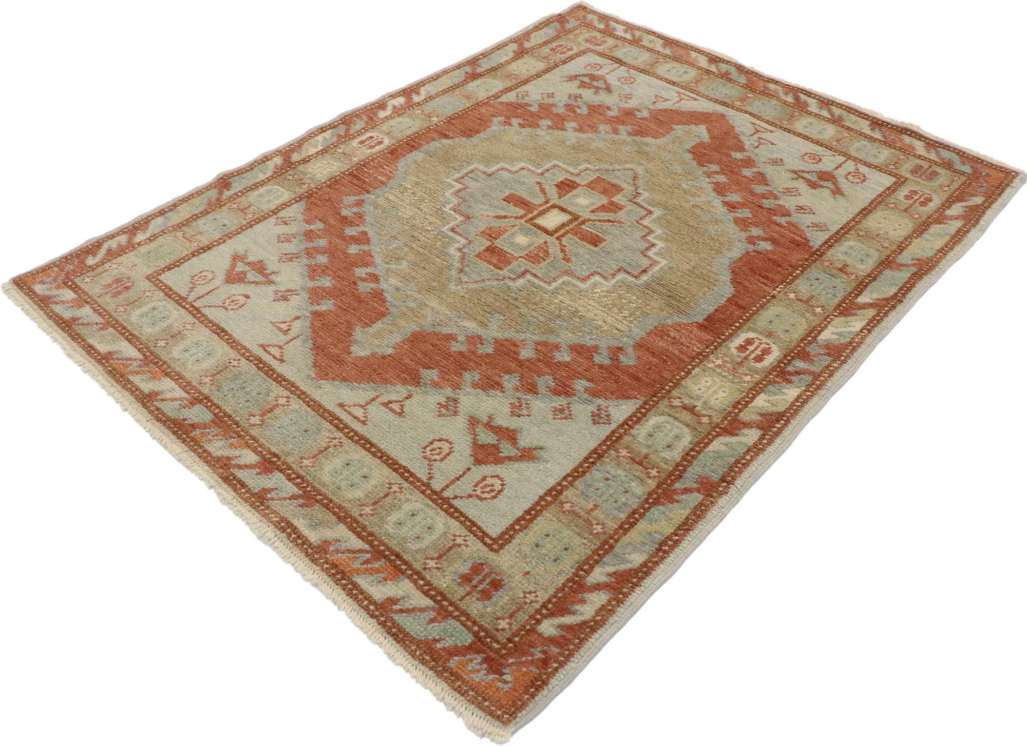 53384 New contemporary Turkish Oushak rug with modern rustic Tribal style. With tribal charm and timeless appeal in an earthy-inspired colorway, this hand knotted wool contemporary Turkish Oushak rug will take on a curated lived-in look that feels