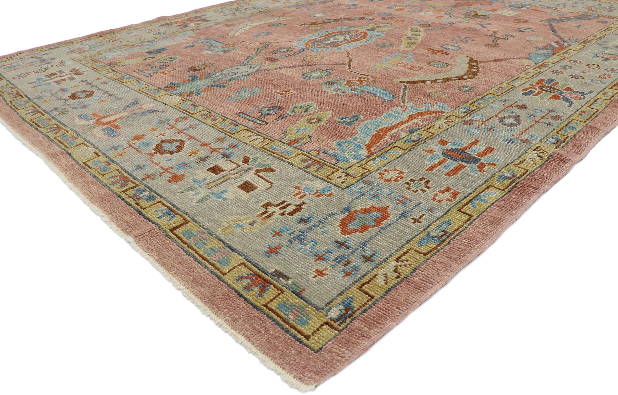 53411 New Contemporary Turkish Oushak rug with Modern Spanish Colonial style. Displaying well-balanced asymmetry and eclectic refinement combined with timeless elegance of Spanish Colonial aesthetics, this hand-knotted wool new contemporary Turkish