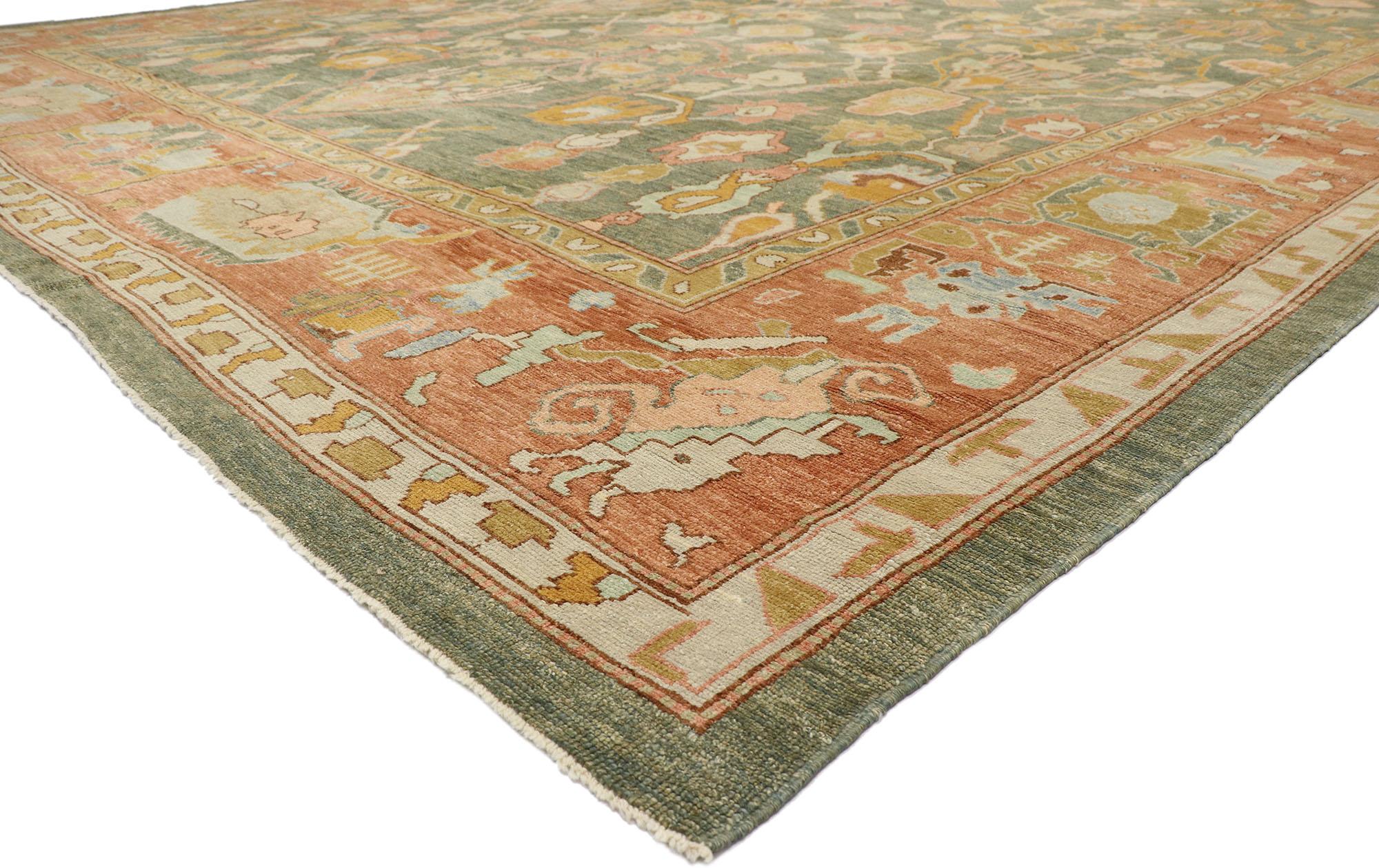 53454 Modern Oushak Turkish Rug, 16'08 x 24'03. Drawing inspiration from Spanish-style architecture and eclectic refinement, this hand-knotted wool Turkish Oushak rug stands as a testament to woven beauty. Embracing the principles of Biophilic