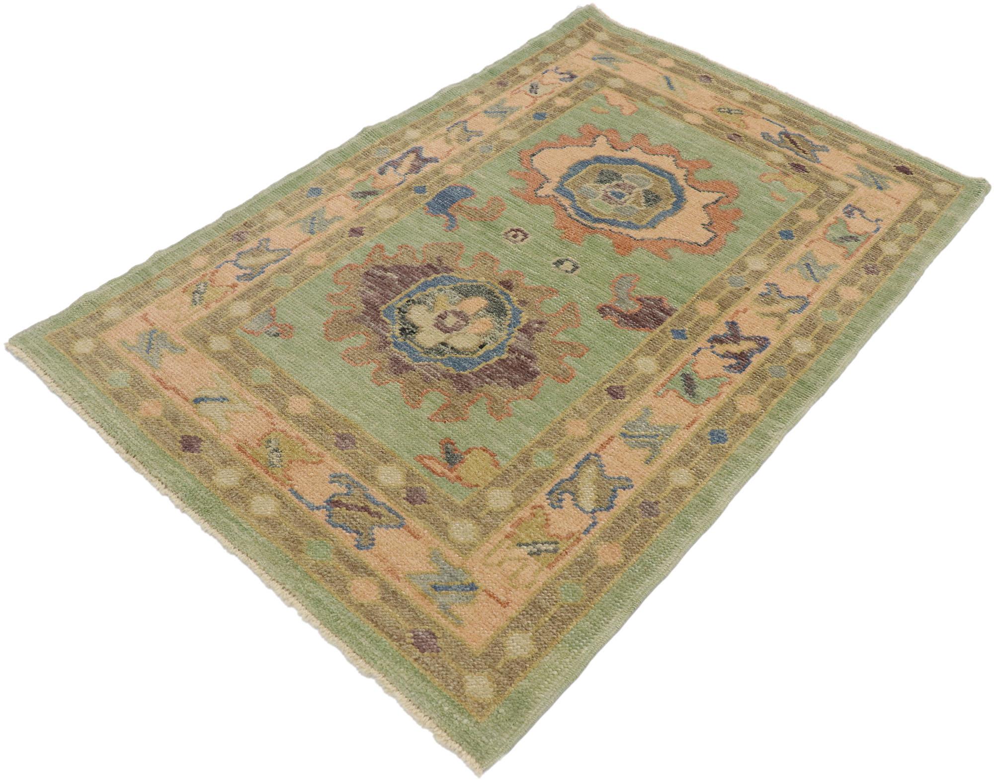 53381, new contemporary Turkish Oushak rug with Modern style and pastel colors. Blending elements from the modern world with pastel colors, this hand knotted wool contemporary Turkish Oushak rug will boost the coziness factor in nearly any space.